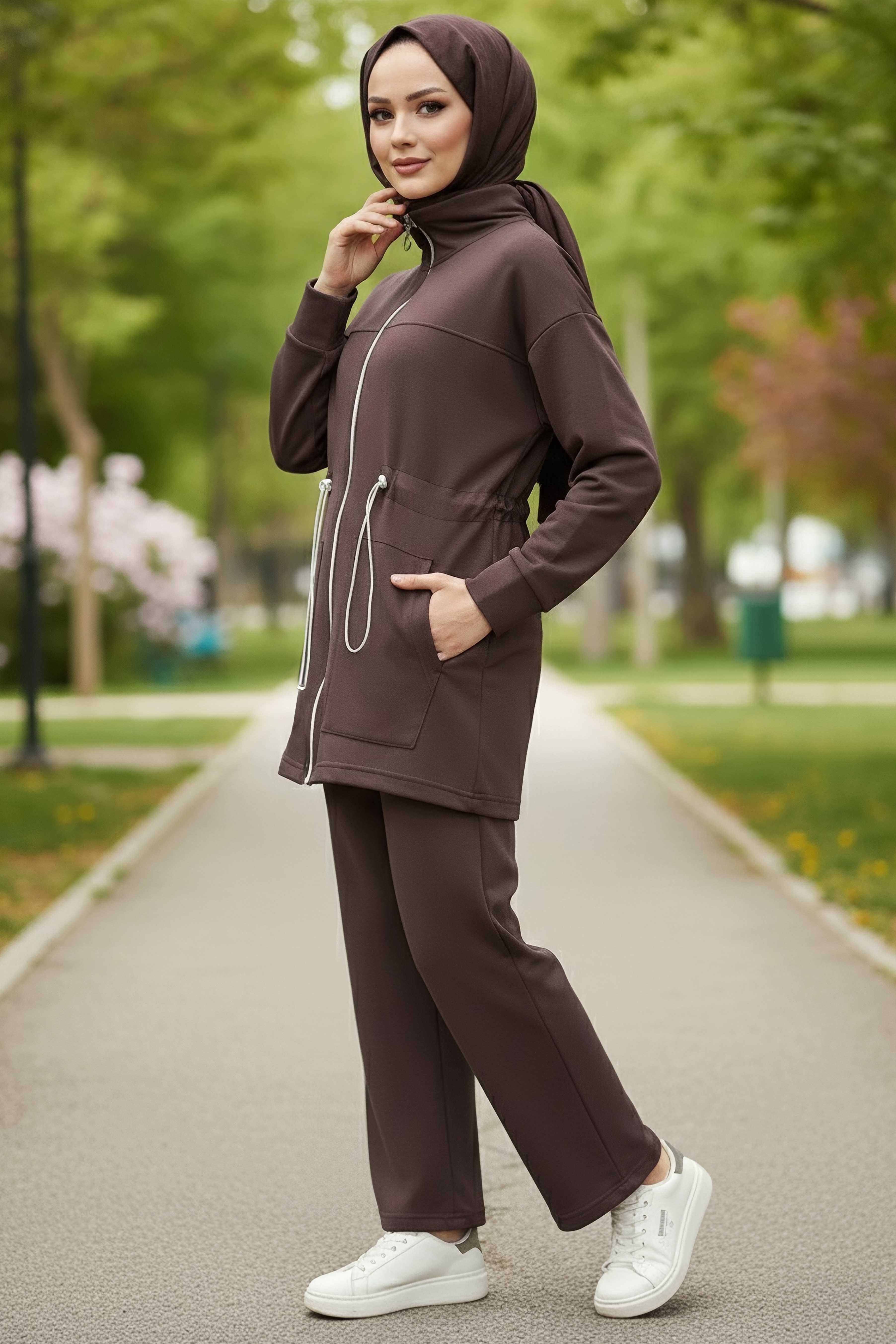 Belde Lastik Detaylı Fermuarlı Cepli Modal İkili Takım - 28044-KAHVE - 2