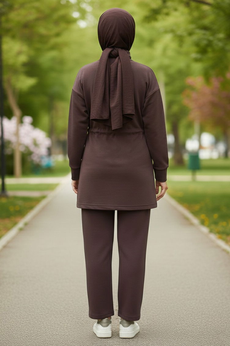 Belde Lastik Detaylı Fermuarlı Cepli Modal İkili Takım - 28044-KAHVE - 3