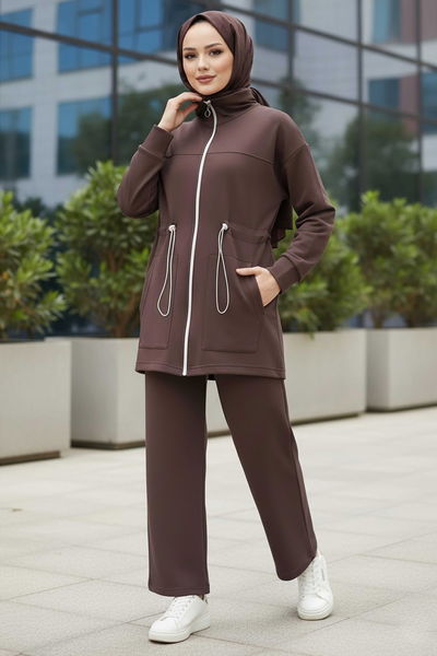 Belde Lastik Detaylı Fermuarlı Cepli Modal İkili Takım - 28044-KAHVE 