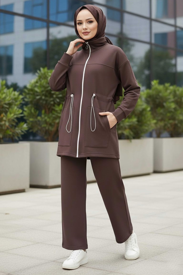 Belde Lastik Detaylı Fermuarlı Cepli Modal İkili Takım - 28044-KAHVE - TOFİSA