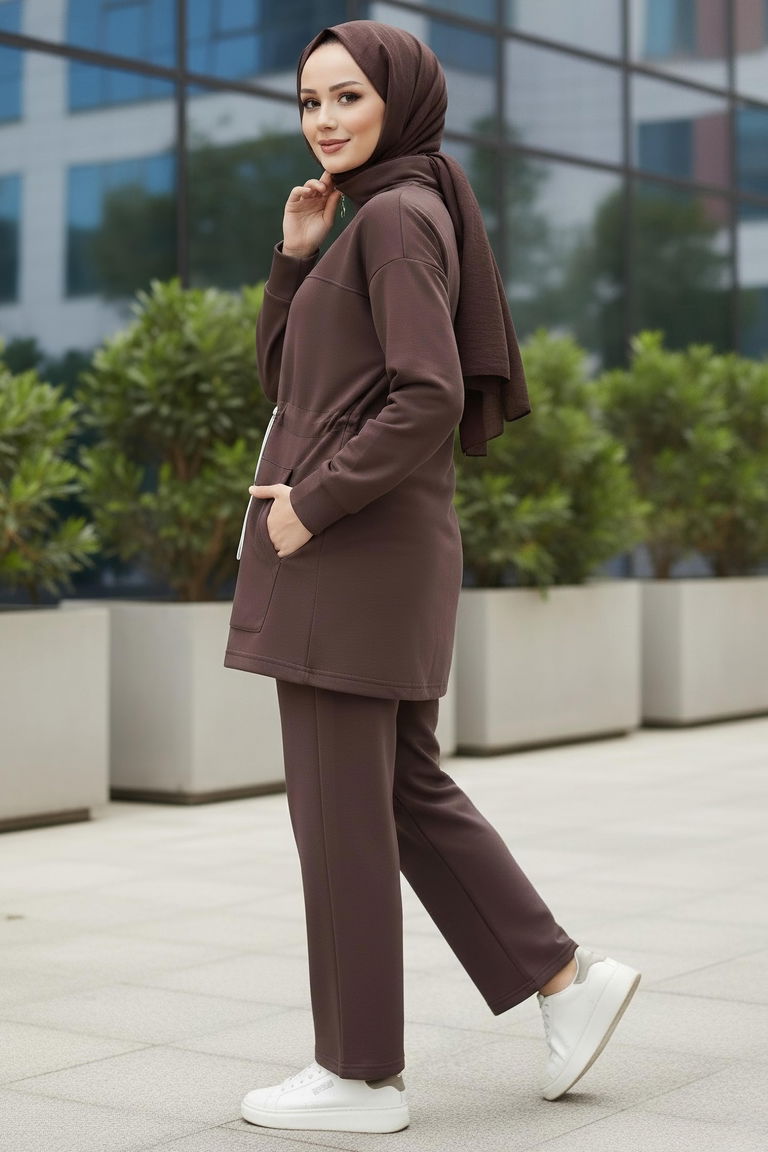 Belde Lastik Detaylı Fermuarlı Cepli Modal İkili Takım - 28044-KAHVE - TOFİSA