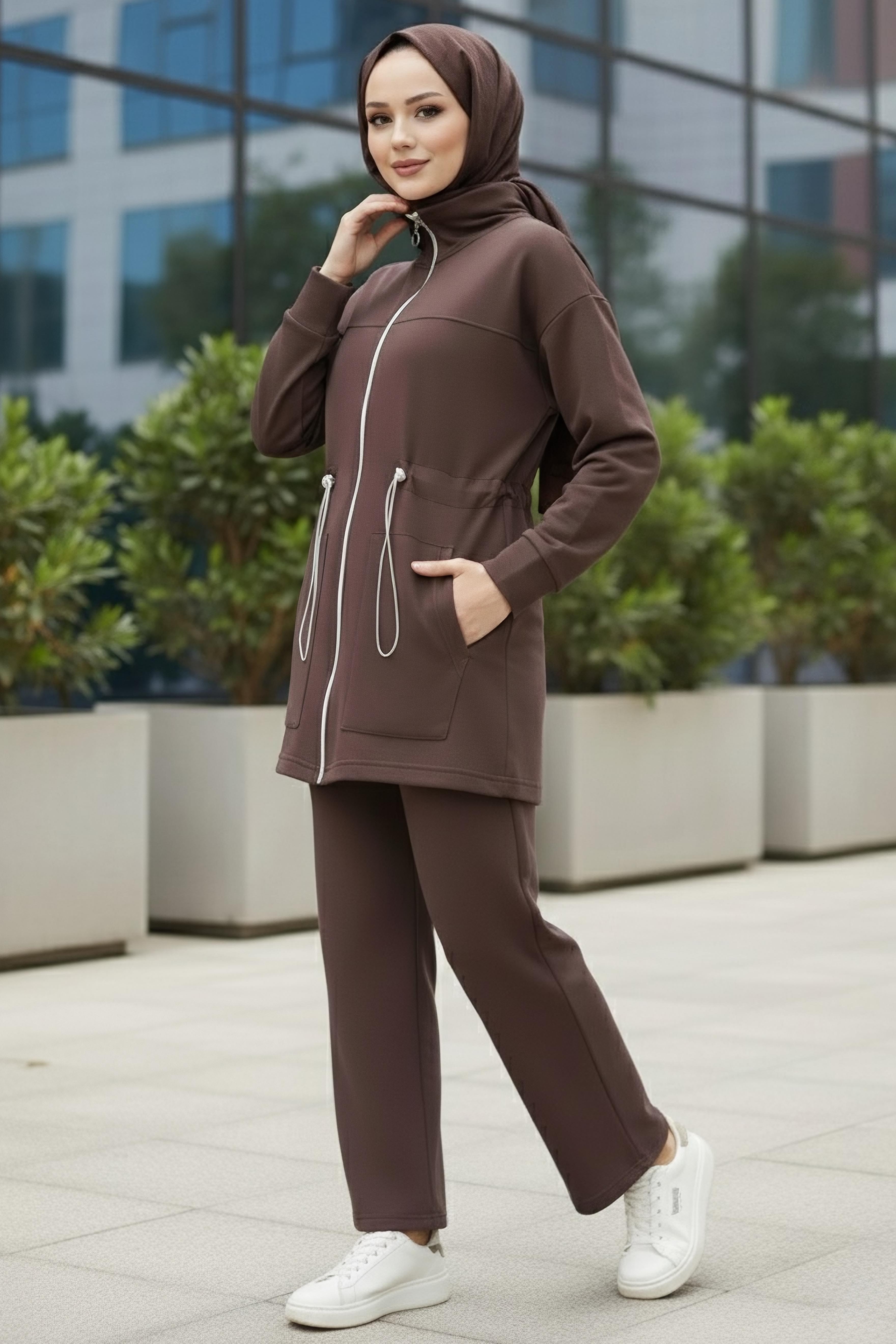 Belde Lastik Detaylı Fermuarlı Cepli Modal İkili Takım - 28044-KAHVE - 2