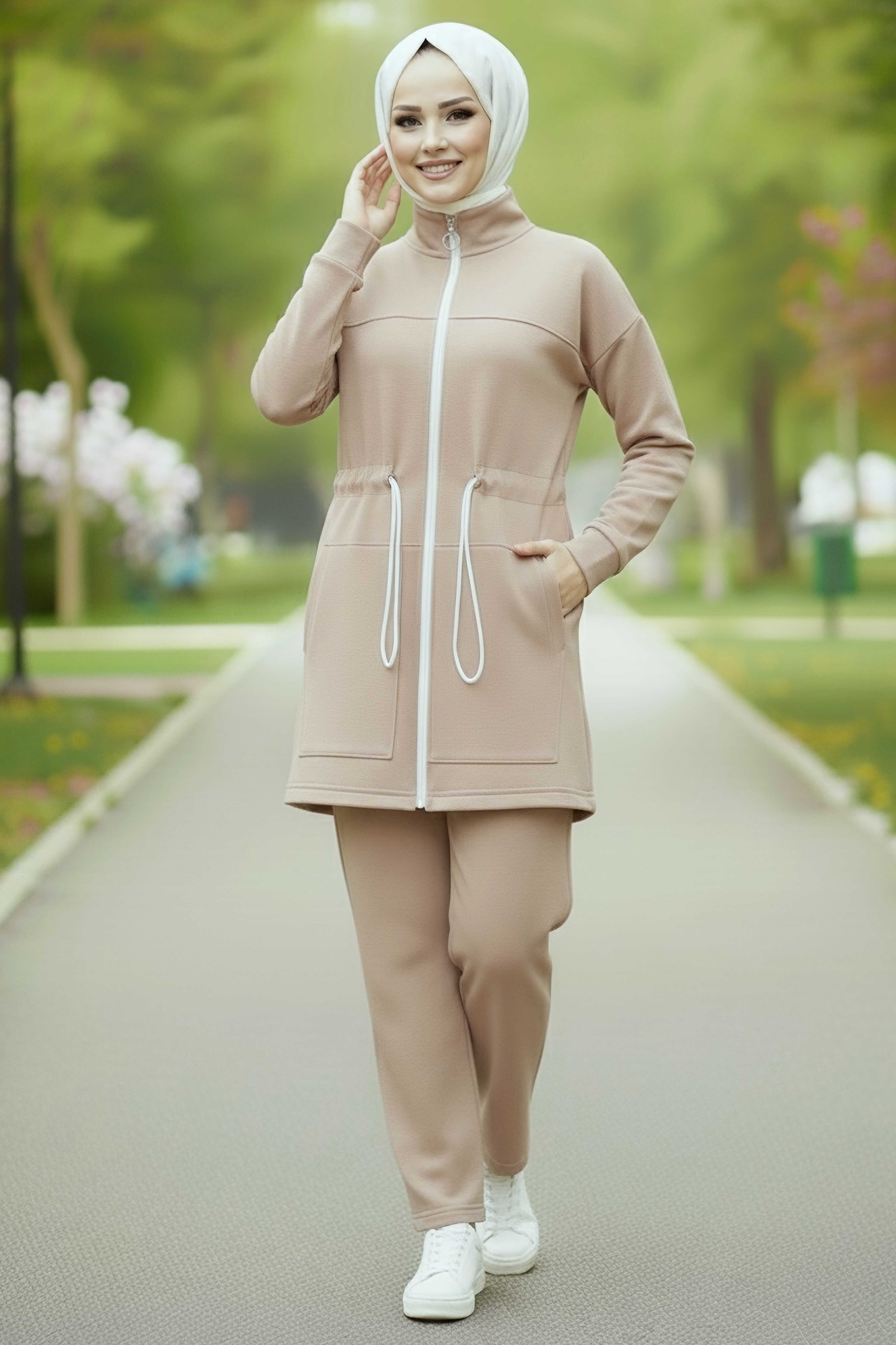 Belde Lastik Detaylı Fermuarlı Cepli Modal İkili Takım - 28044-KREM - 1