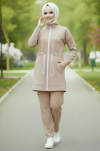 Belde Lastik Detaylı Fermuarlı Cepli Modal İkili Takım - 28044-KREM 