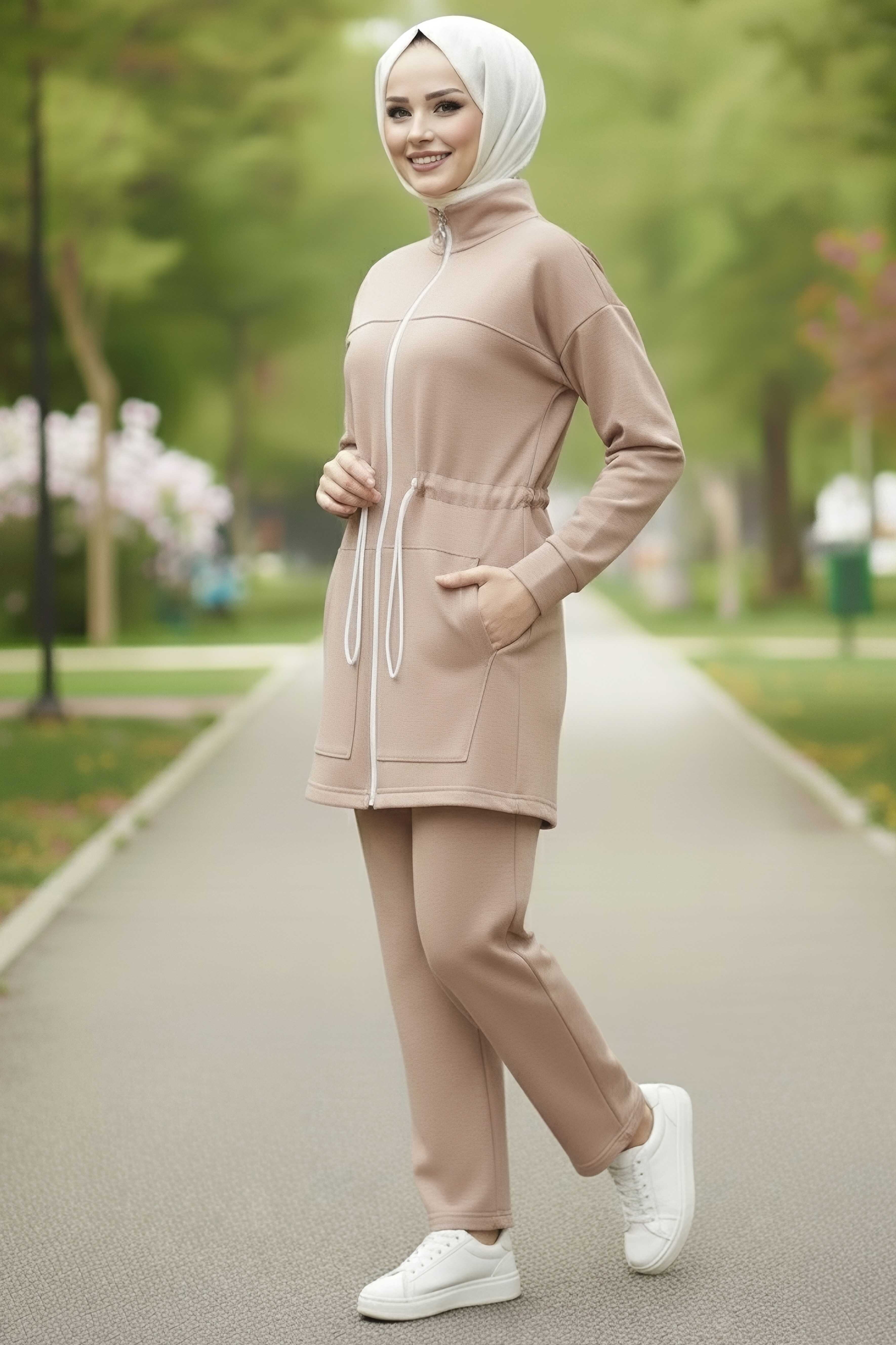 Belde Lastik Detaylı Fermuarlı Cepli Modal İkili Takım - 28044-KREM - 2