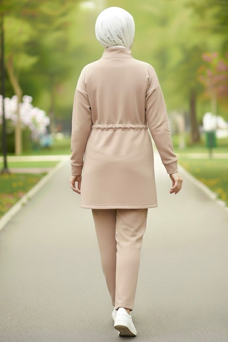 Belde Lastik Detaylı Fermuarlı Cepli Modal İkili Takım - 28044-KREM - 3