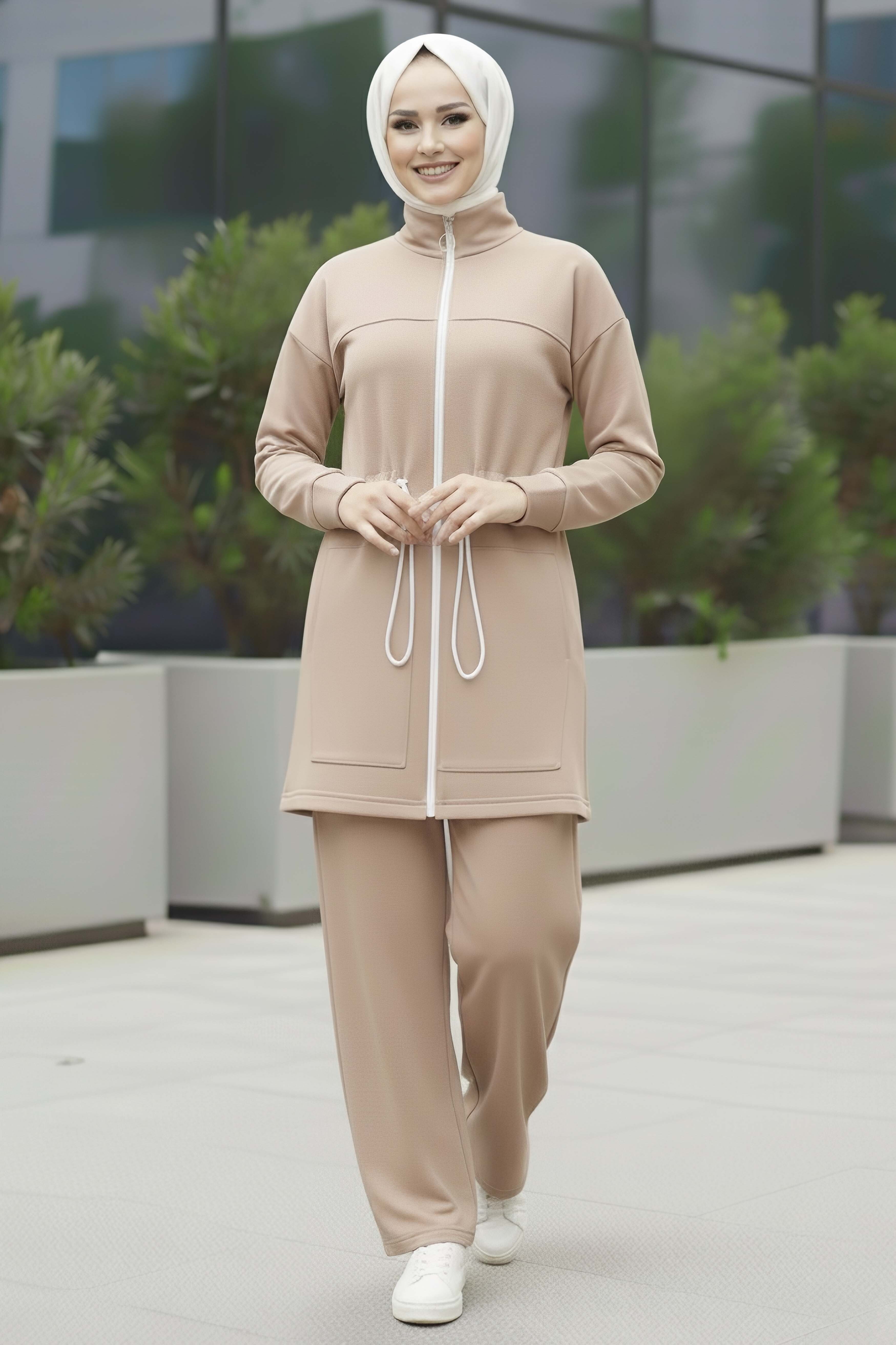 Belde Lastik Detaylı Fermuarlı Cepli Modal İkili Takım - 28044-KREM - 2