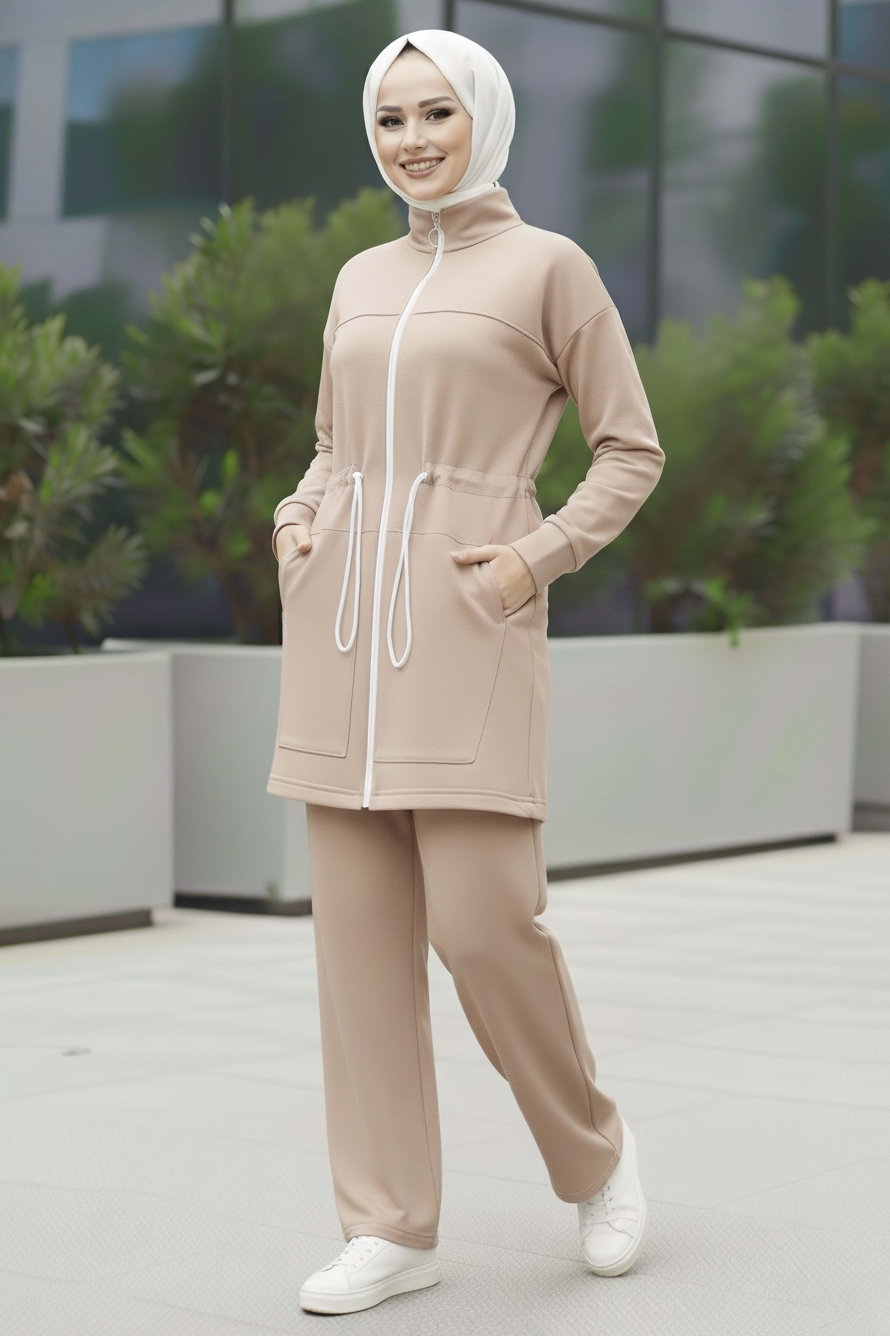 Belde Lastik Detaylı Fermuarlı Cepli Modal İkili Takım - 28044-KREM - 1