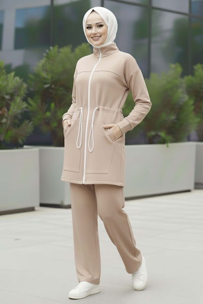 Belde Lastik Detaylı Fermuarlı Cepli Modal İkili Takım - 28044-KREM 