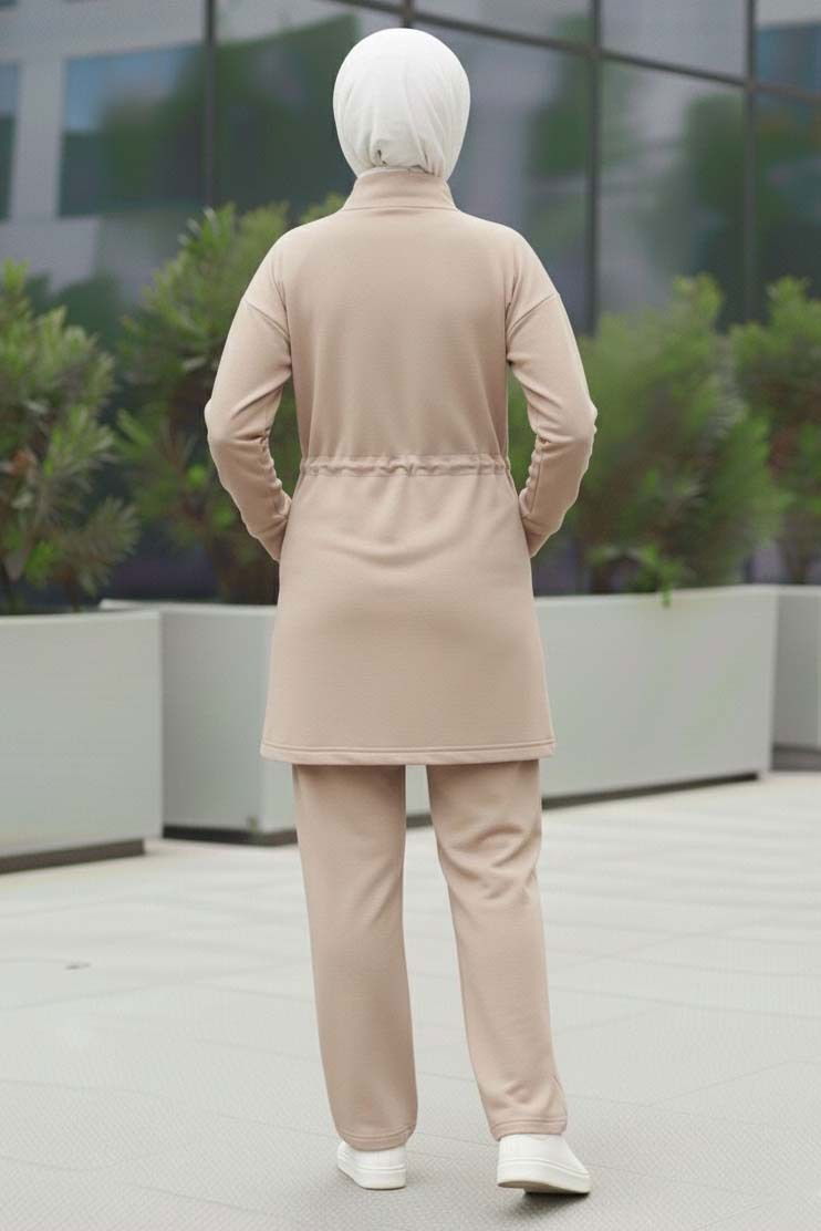 Belde Lastik Detaylı Fermuarlı Cepli Modal İkili Takım - 28044-KREM - 3