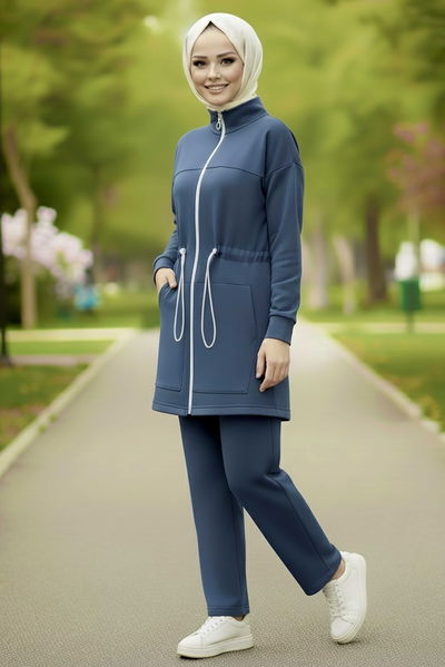 Belde Lastik Detaylı Fermuarlı Cepli Modal İkili Takım - 28044-LACIVERT 