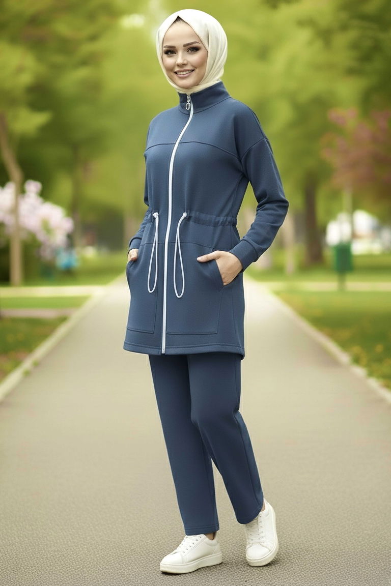 Belde Lastik Detaylı Fermuarlı Cepli Modal İkili Takım - 28044-LACIVERT - TOFİSA