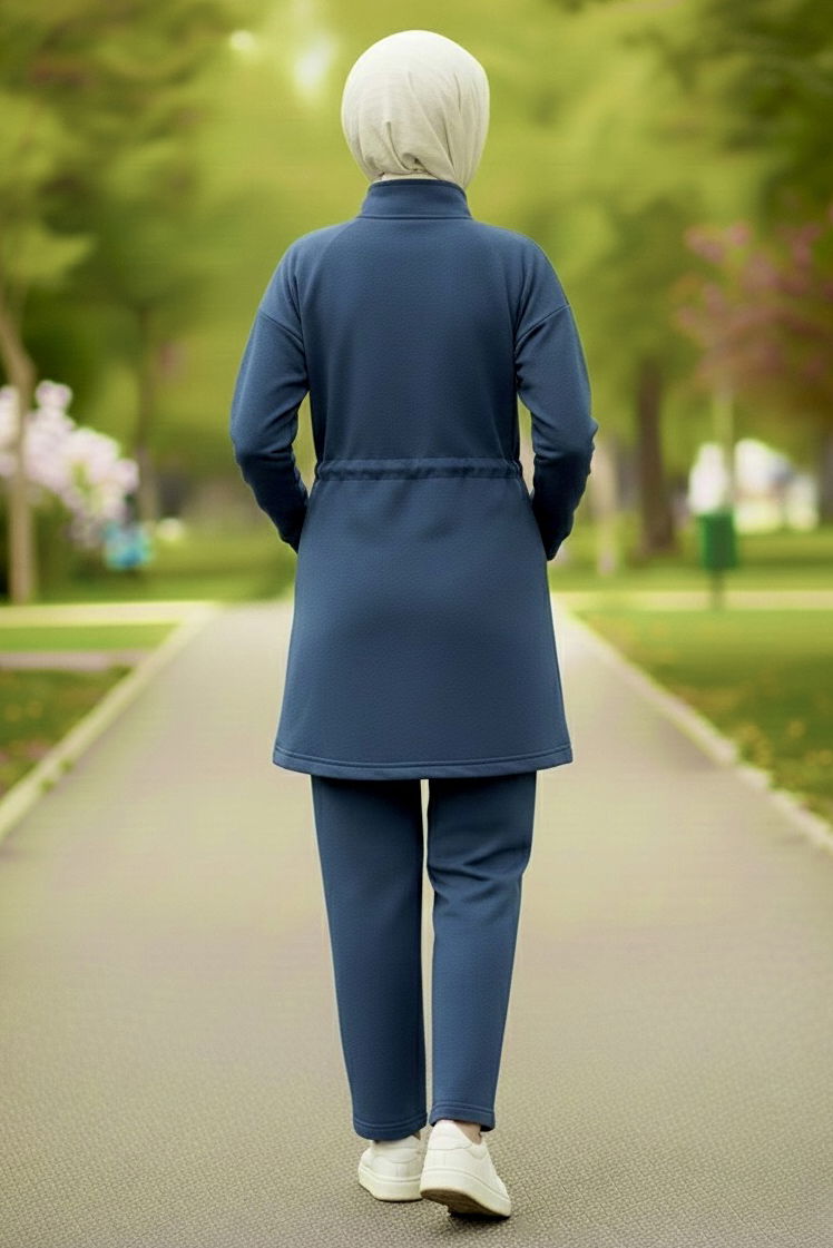 Belde Lastik Detaylı Fermuarlı Cepli Modal İkili Takım - 28044-LACIVERT - 3