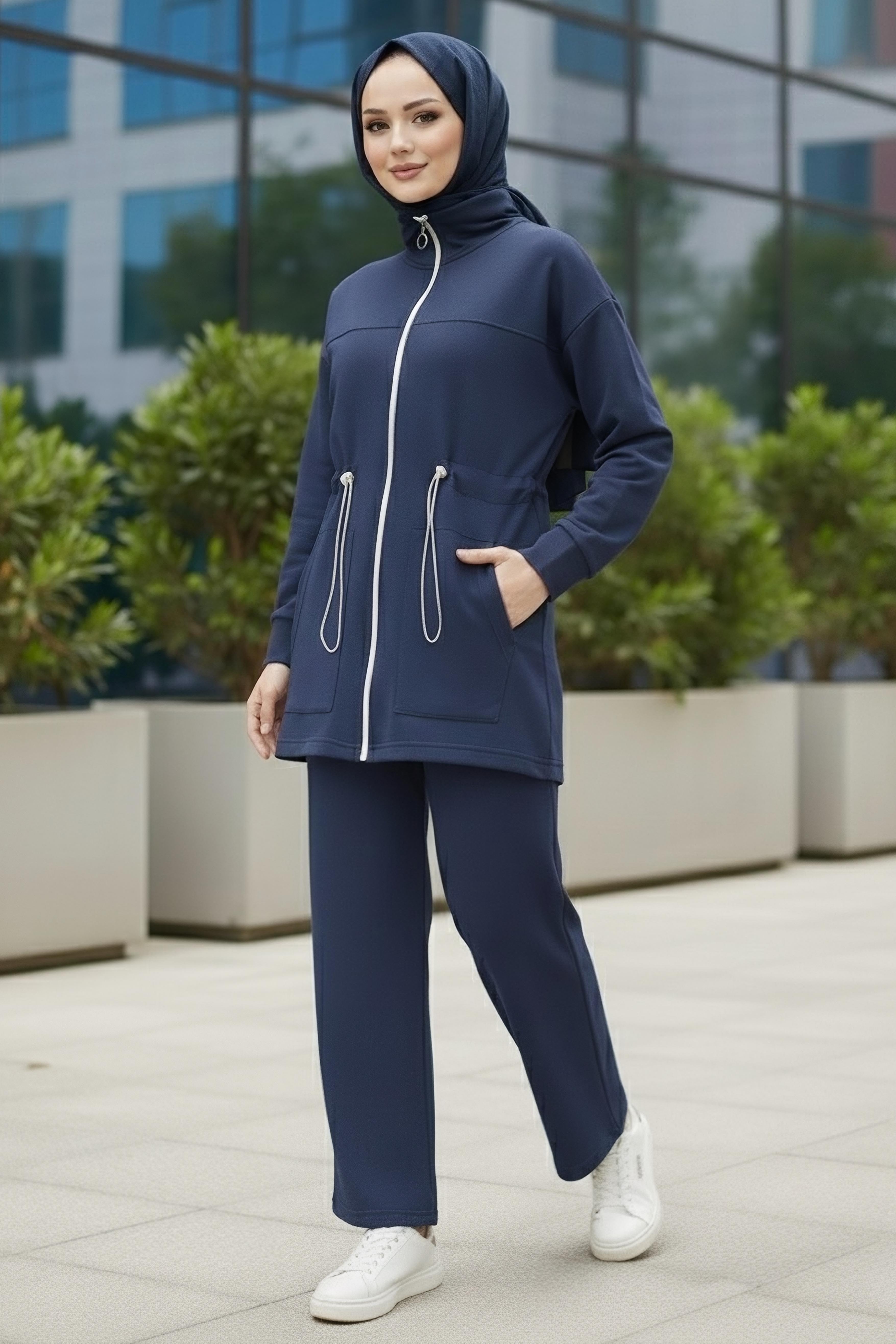 Belde Lastik Detaylı Fermuarlı Cepli Modal İkili Takım - 28044-LACIVERT - 2