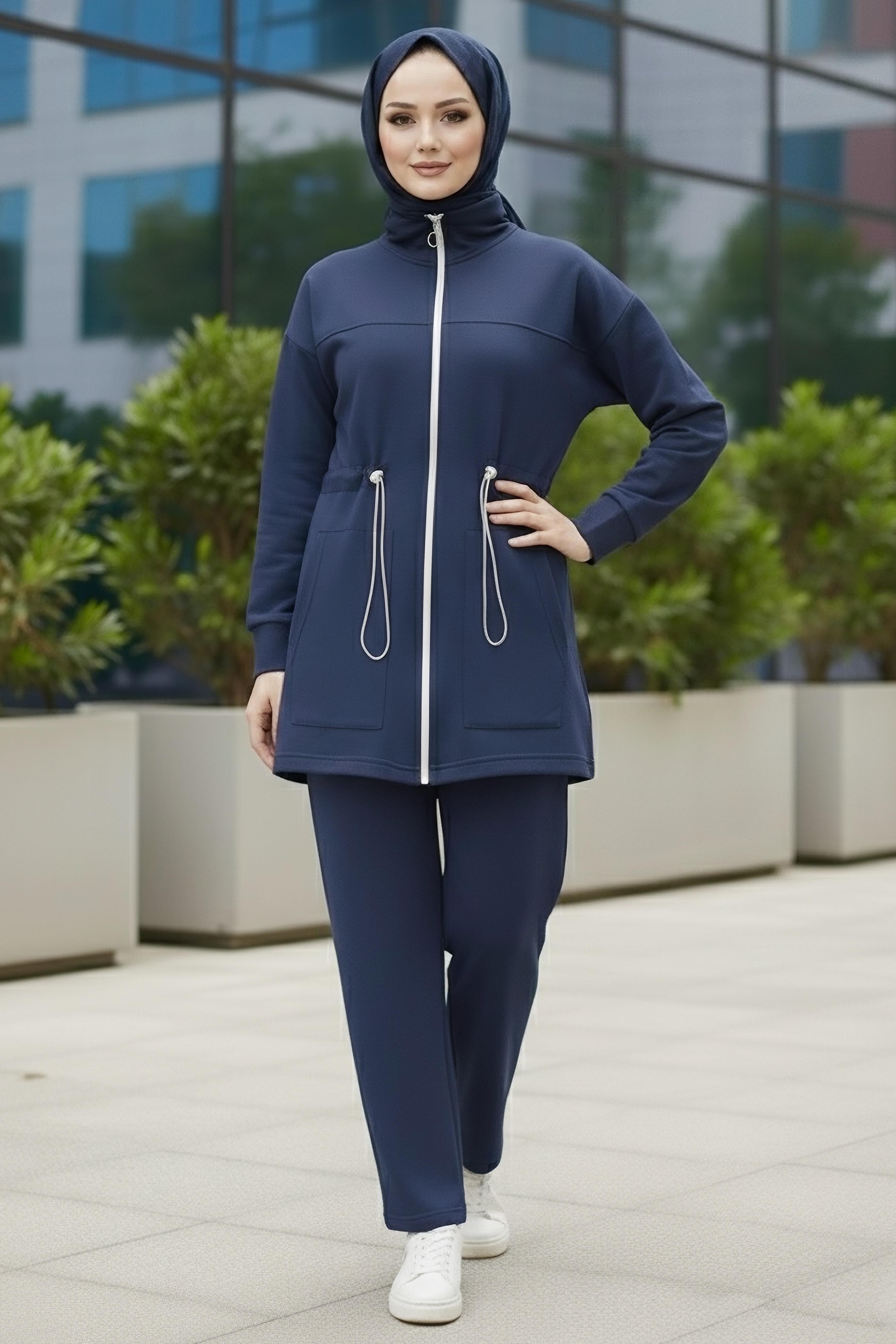 Belde Lastik Detaylı Fermuarlı Cepli Modal İkili Takım - 28044-LACIVERT - 1