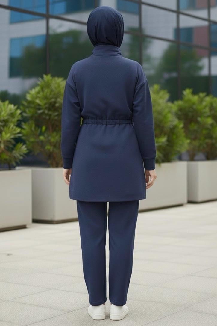 Belde Lastik Detaylı Fermuarlı Cepli Modal İkili Takım - 28044-LACIVERT - TOFİSA