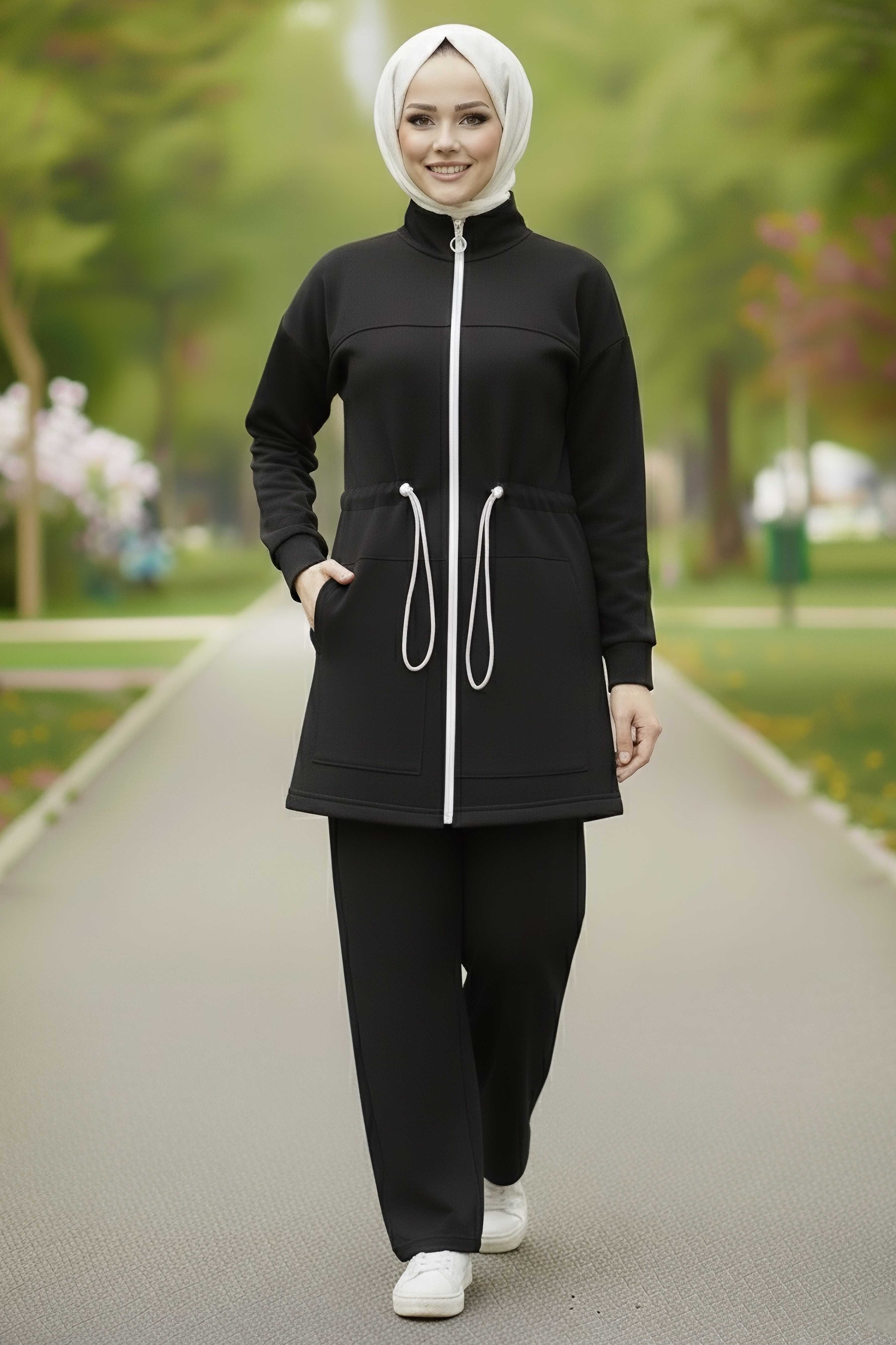 Belde Lastik Detaylı Fermuarlı Cepli Modal İkili Takım - 28044-SIYAH - 1