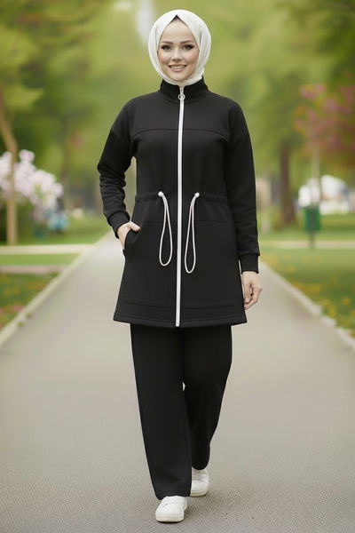 Belde Lastik Detaylı Fermuarlı Cepli Modal İkili Takım - 28044-SIYAH 