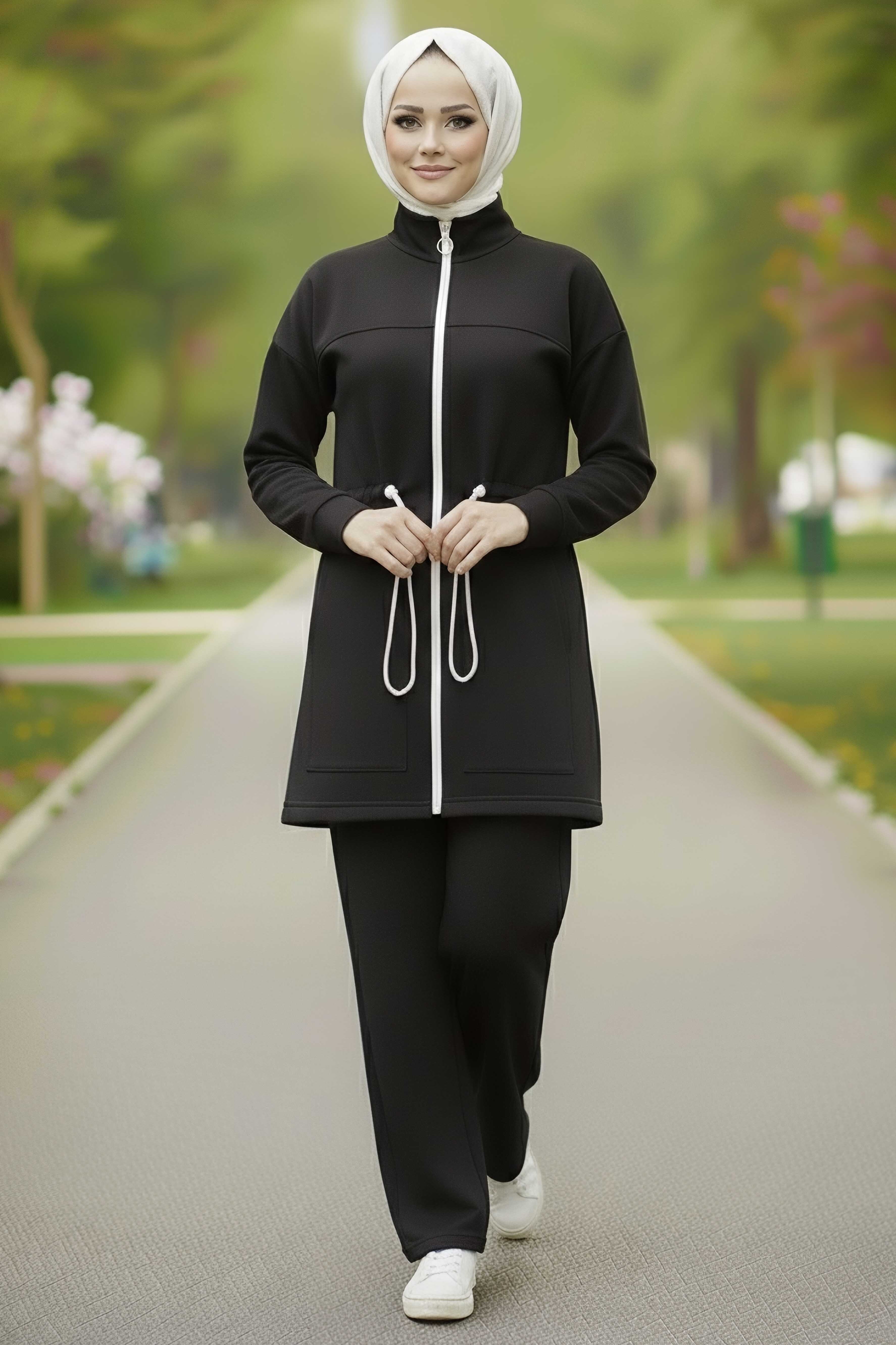 Belde Lastik Detaylı Fermuarlı Cepli Modal İkili Takım - 28044-SIYAH - 2