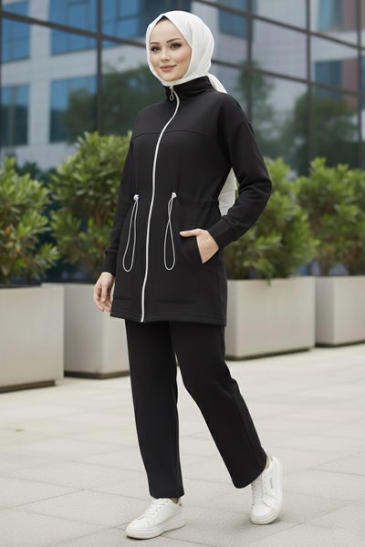 Belde Lastik Detaylı Fermuarlı Cepli Modal İkili Takım - 28044-SIYAH 