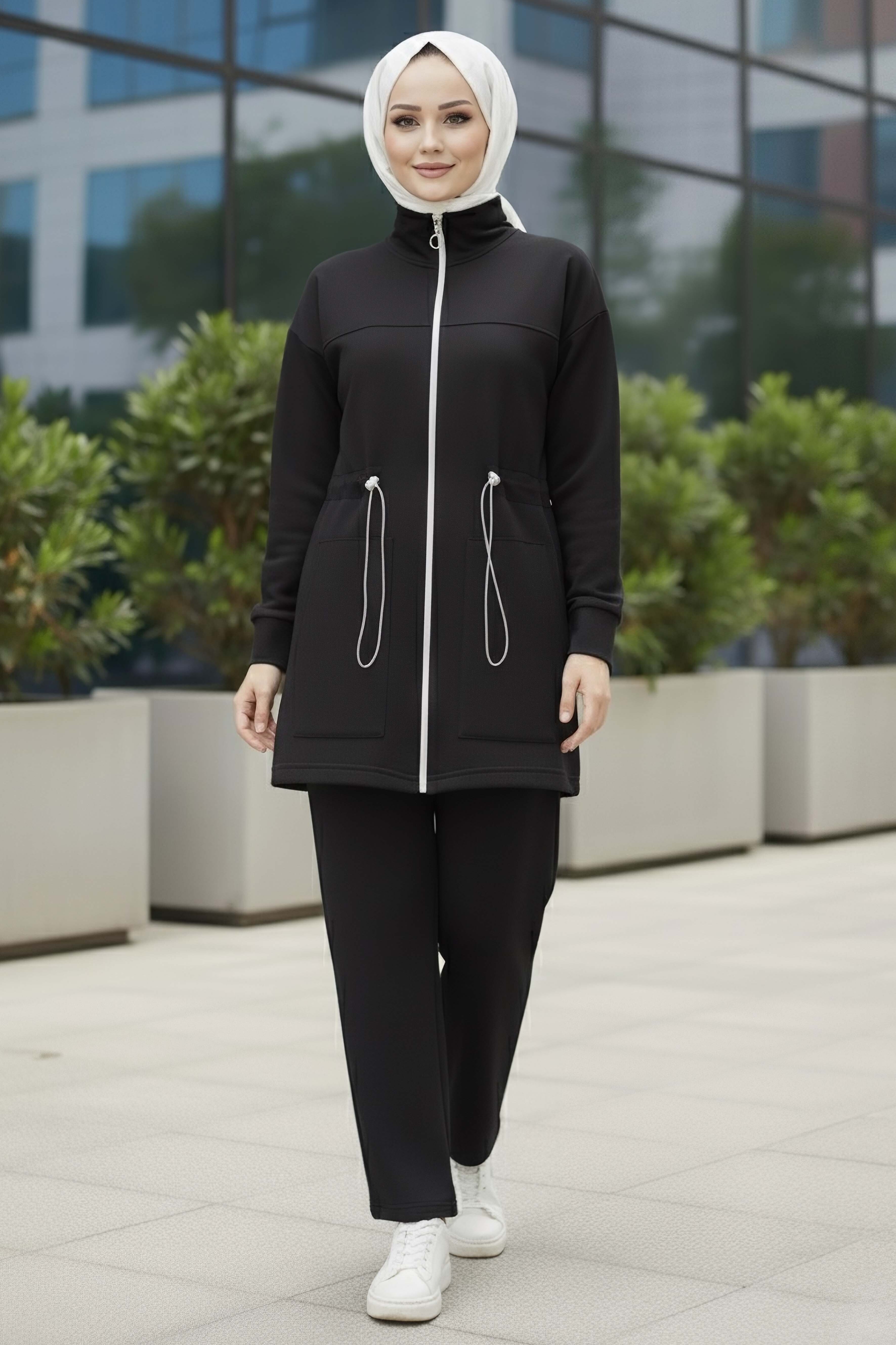 Belde Lastik Detaylı Fermuarlı Cepli Modal İkili Takım - 28044-SIYAH - 2