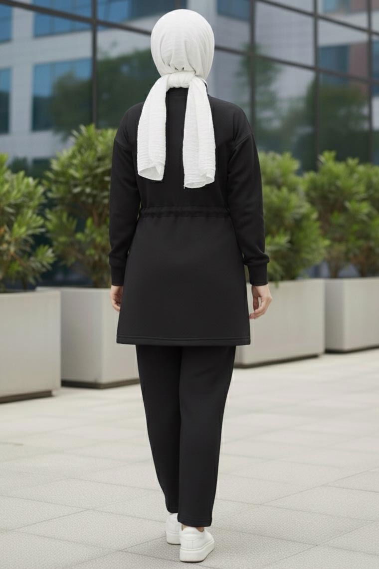 Belde Lastik Detaylı Fermuarlı Cepli Modal İkili Takım - 28044-SIYAH - TOFİSA