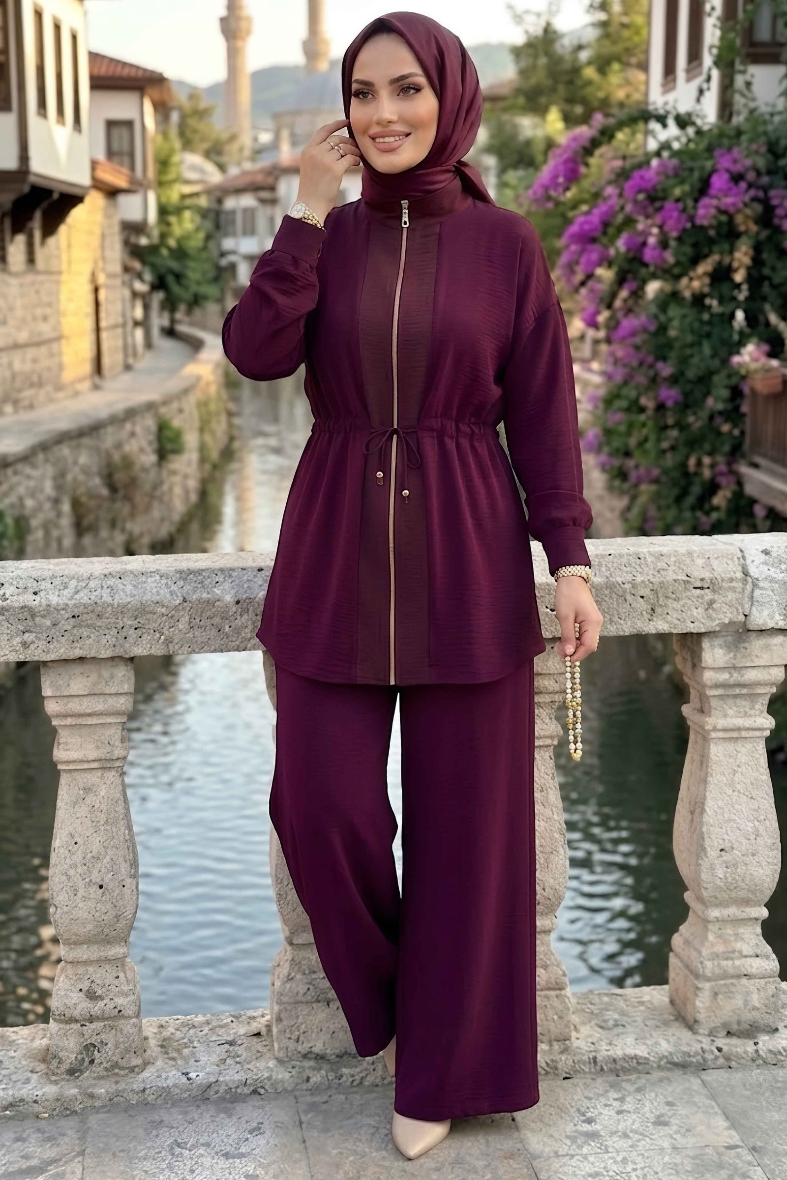 Belde Lastik Detaylı Oysh Modal Takım Bordo - 28926-BORDO - 2