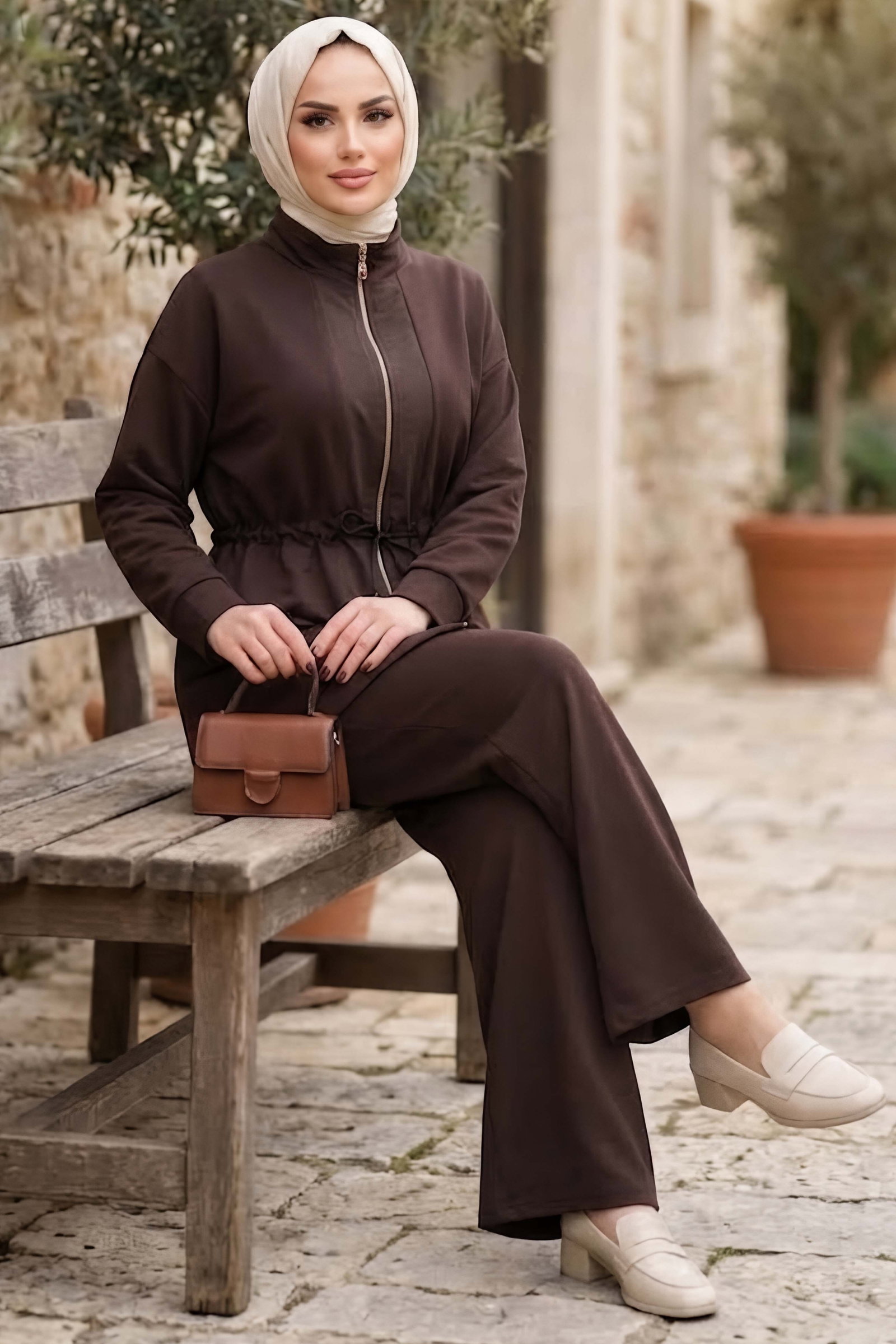 Belde Lastik Detaylı Oysh Modal Takım Kahve - 28926-KAHVE - 2