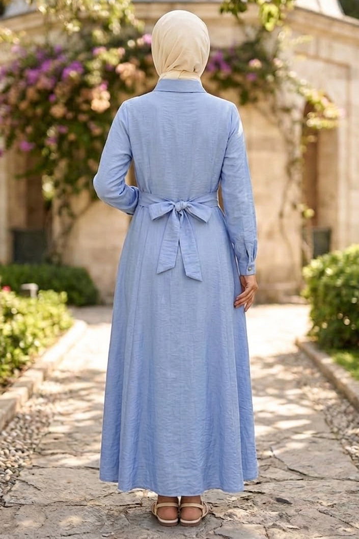 Belden Bağlamalı Elbise Bebe Mavi - 28648-BEBE-MAVI - 3