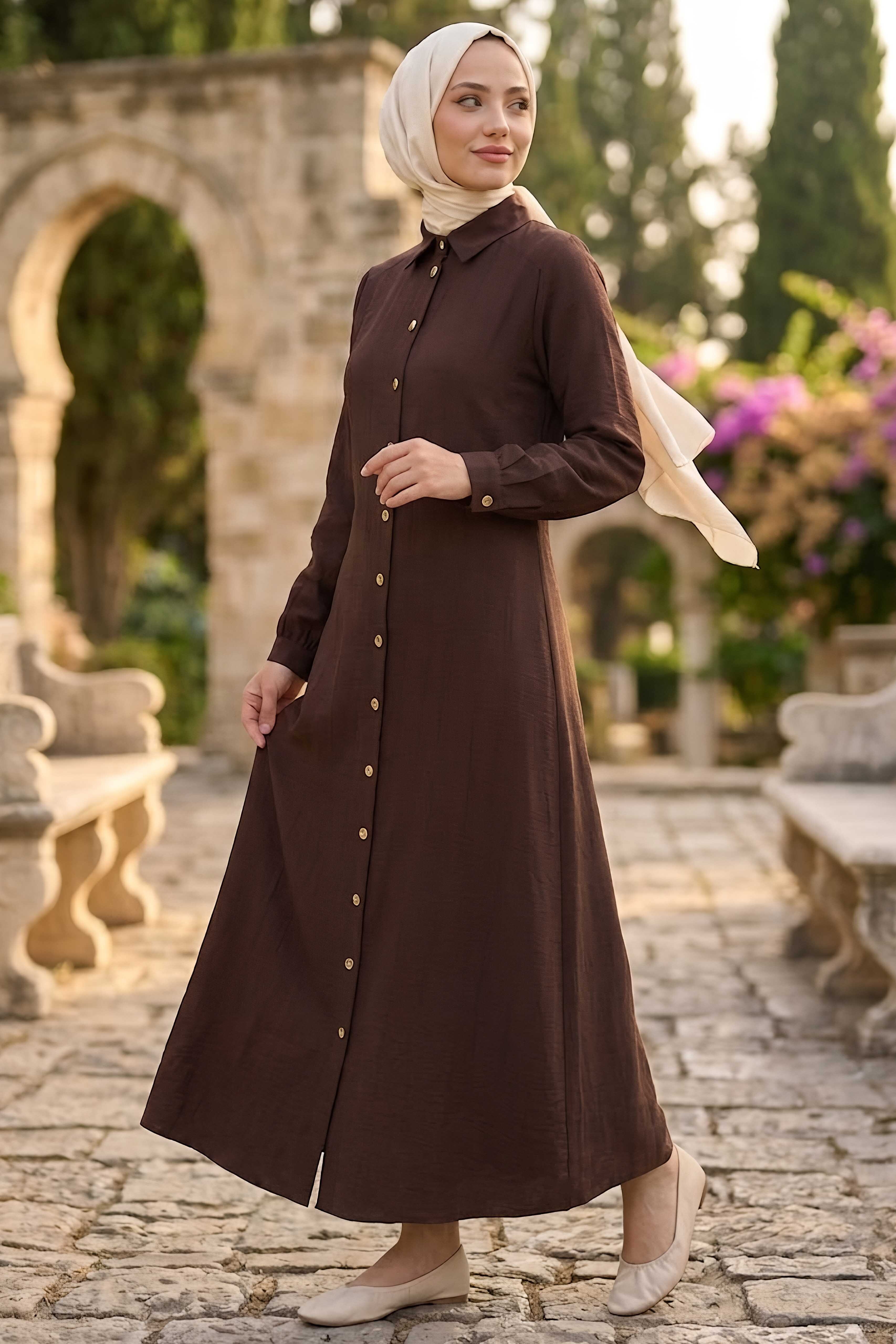 Belden Bağlamalı Elbise Kahve - 28648-KAHVE - 1