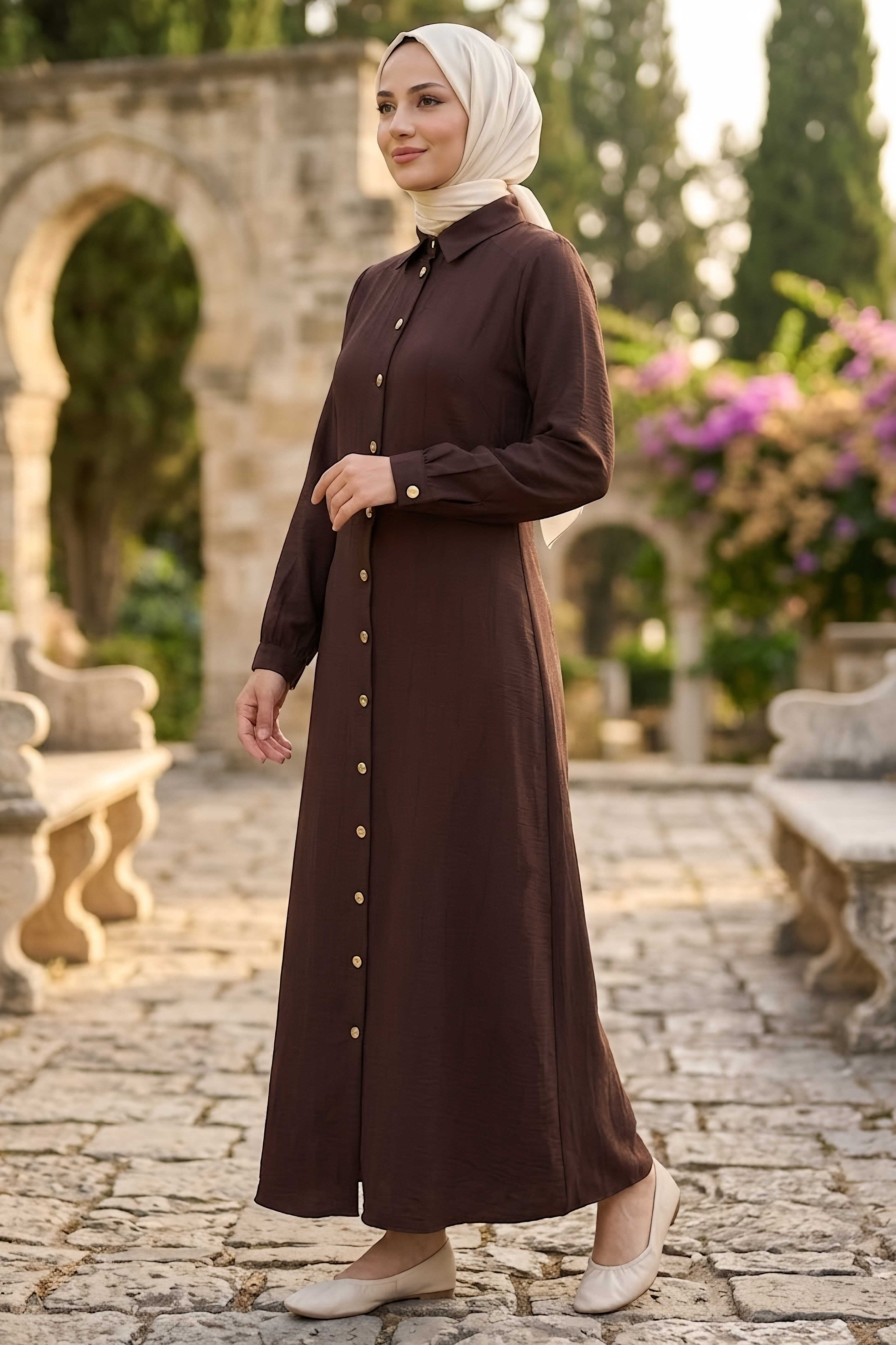 Belden Bağlamalı Elbise Kahve - 28648-KAHVE - 2