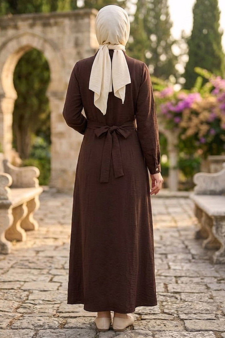Belden Bağlamalı Elbise Kahve - 28648-KAHVE - 3
