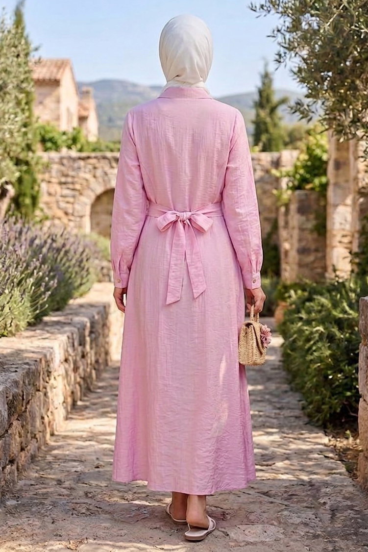 Belden Bağlamalı Elbise Pembe - 28648-PEMBE - 3