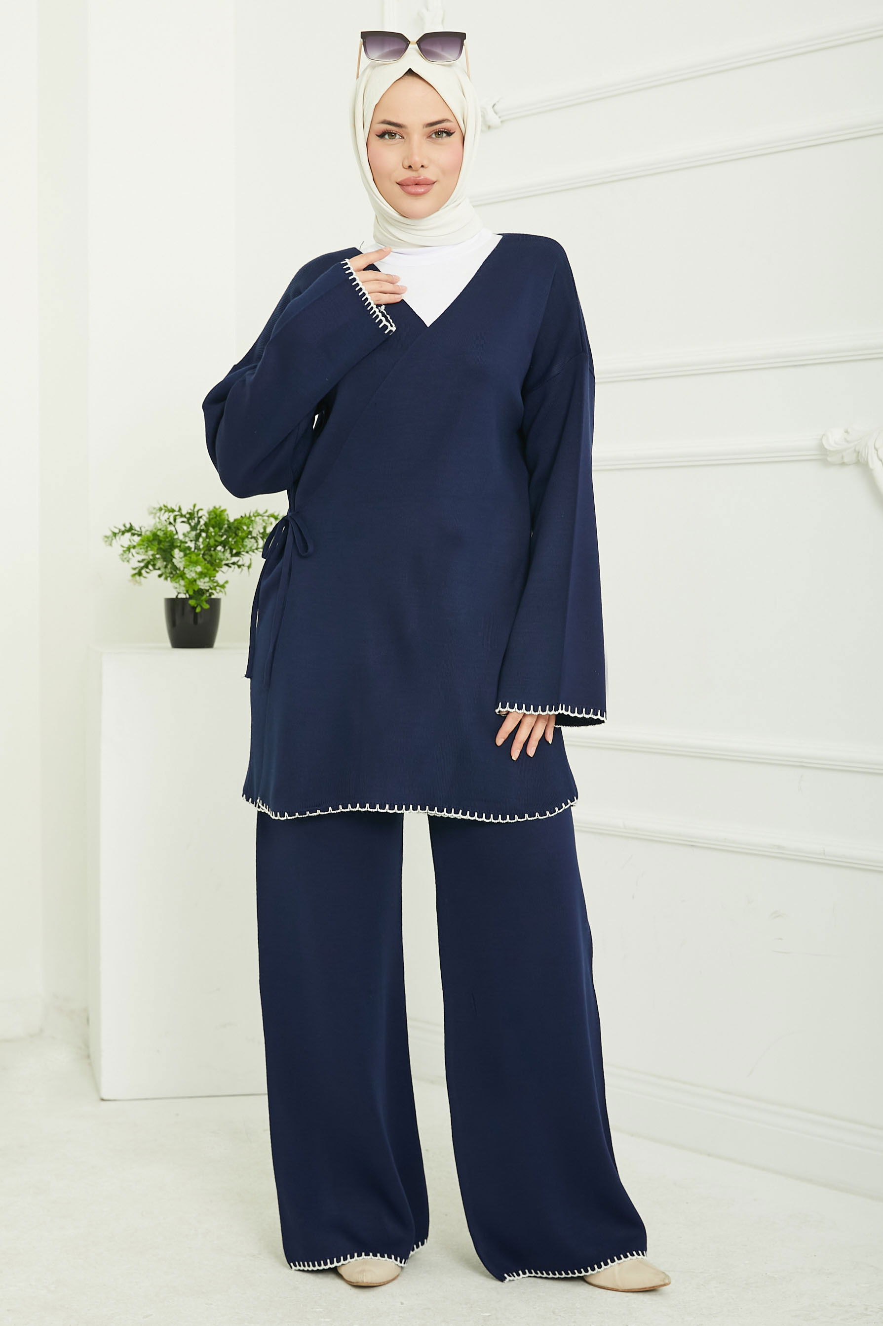 Belden Bağlamalı Triko Takım - 27745-LACIVERT - 3