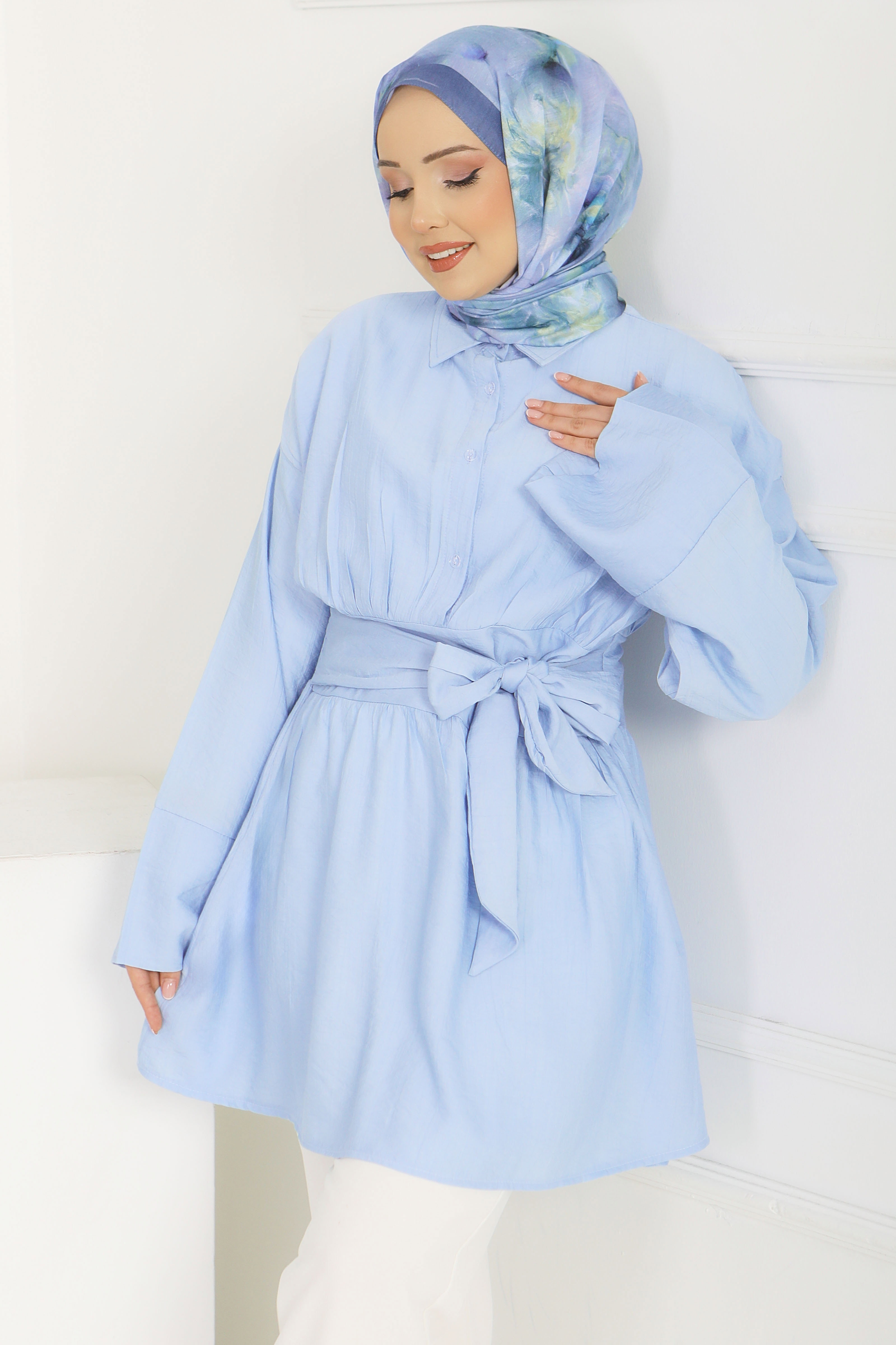 Belden Bağlamalı Tunik - 28385-BEBE-MAVI - 1