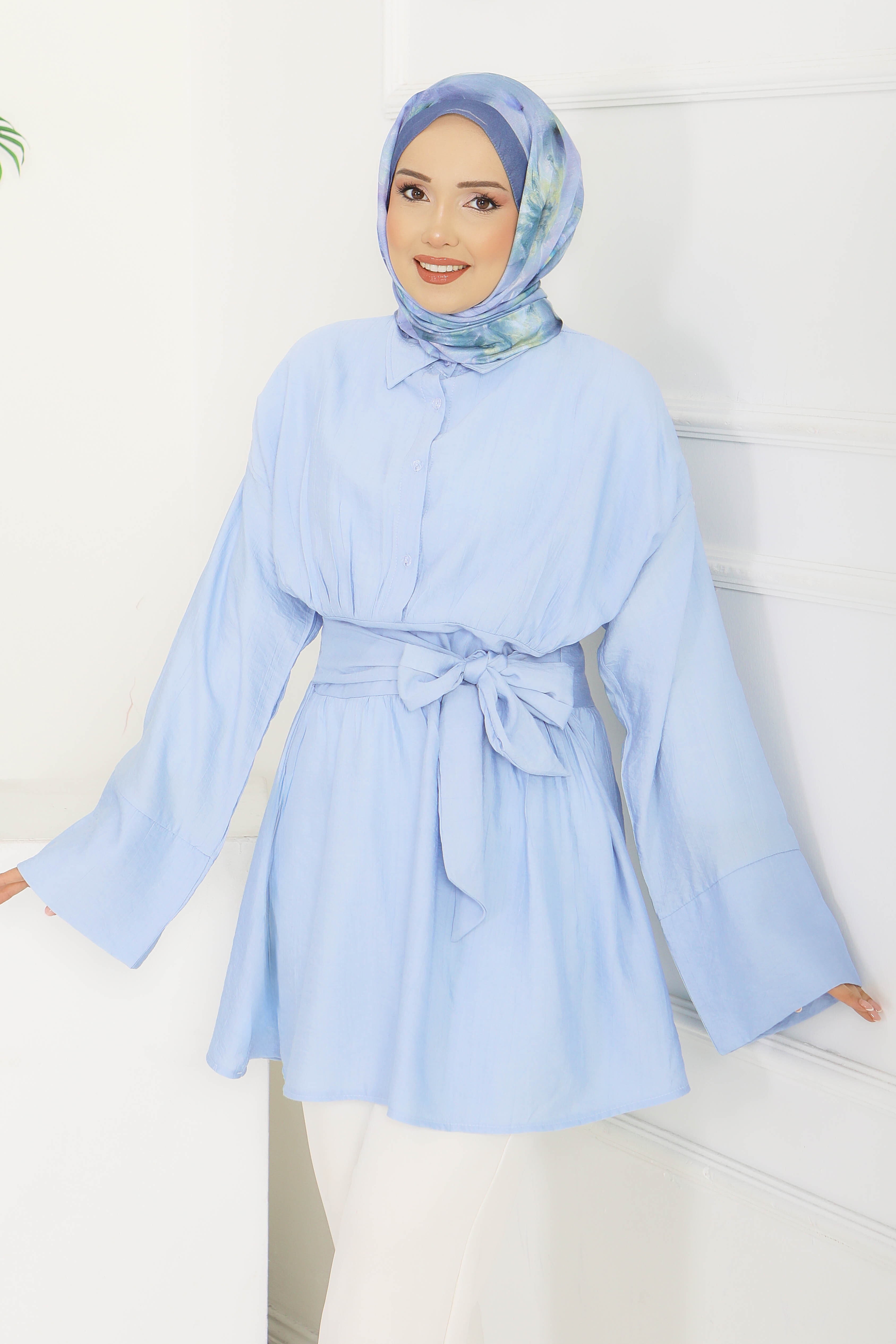 Belden Bağlamalı Tunik - 28385-BEBE-MAVI - 2