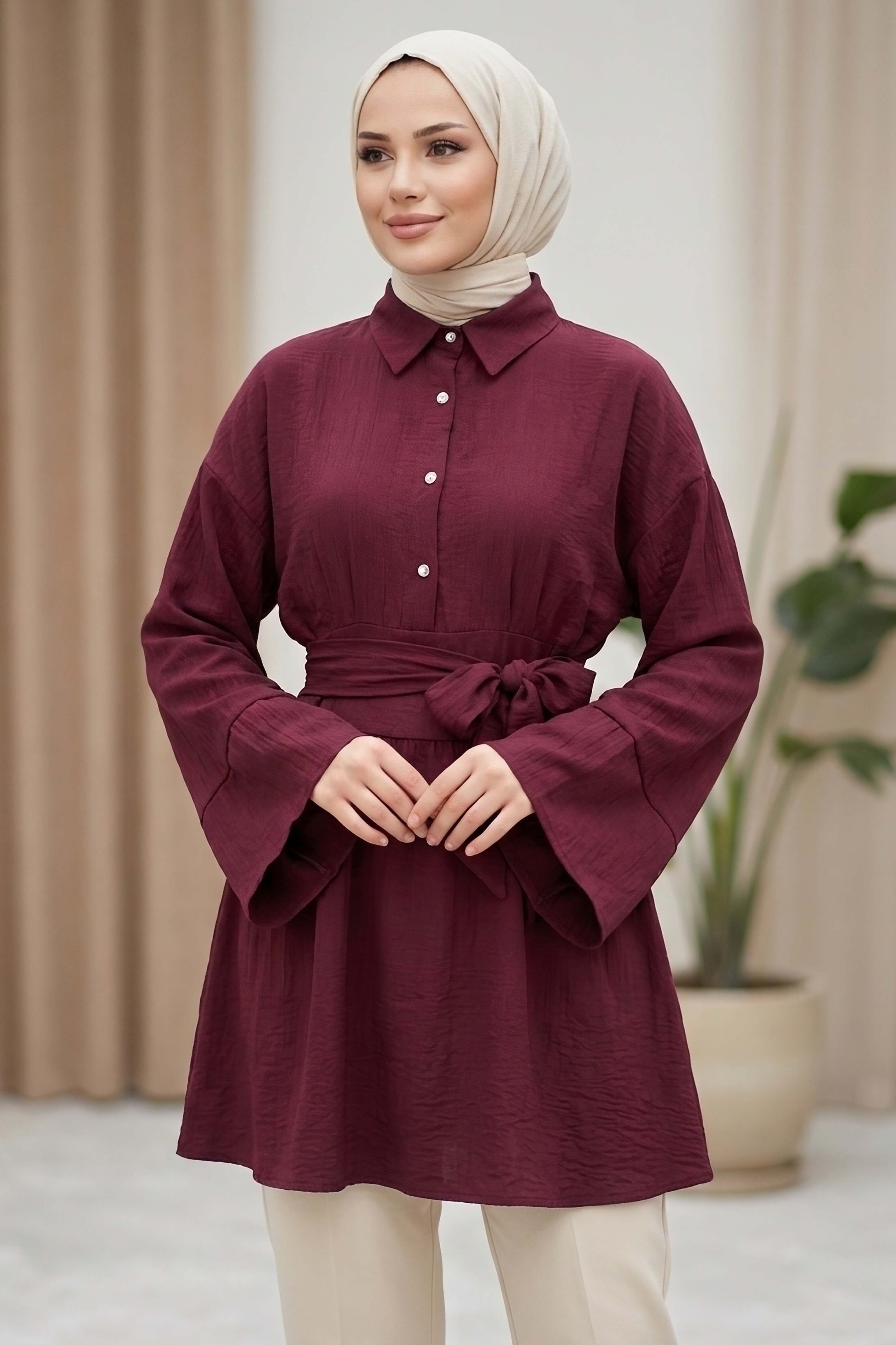 Belden Bağlamalı Tunik - 28385-BORDO - 1