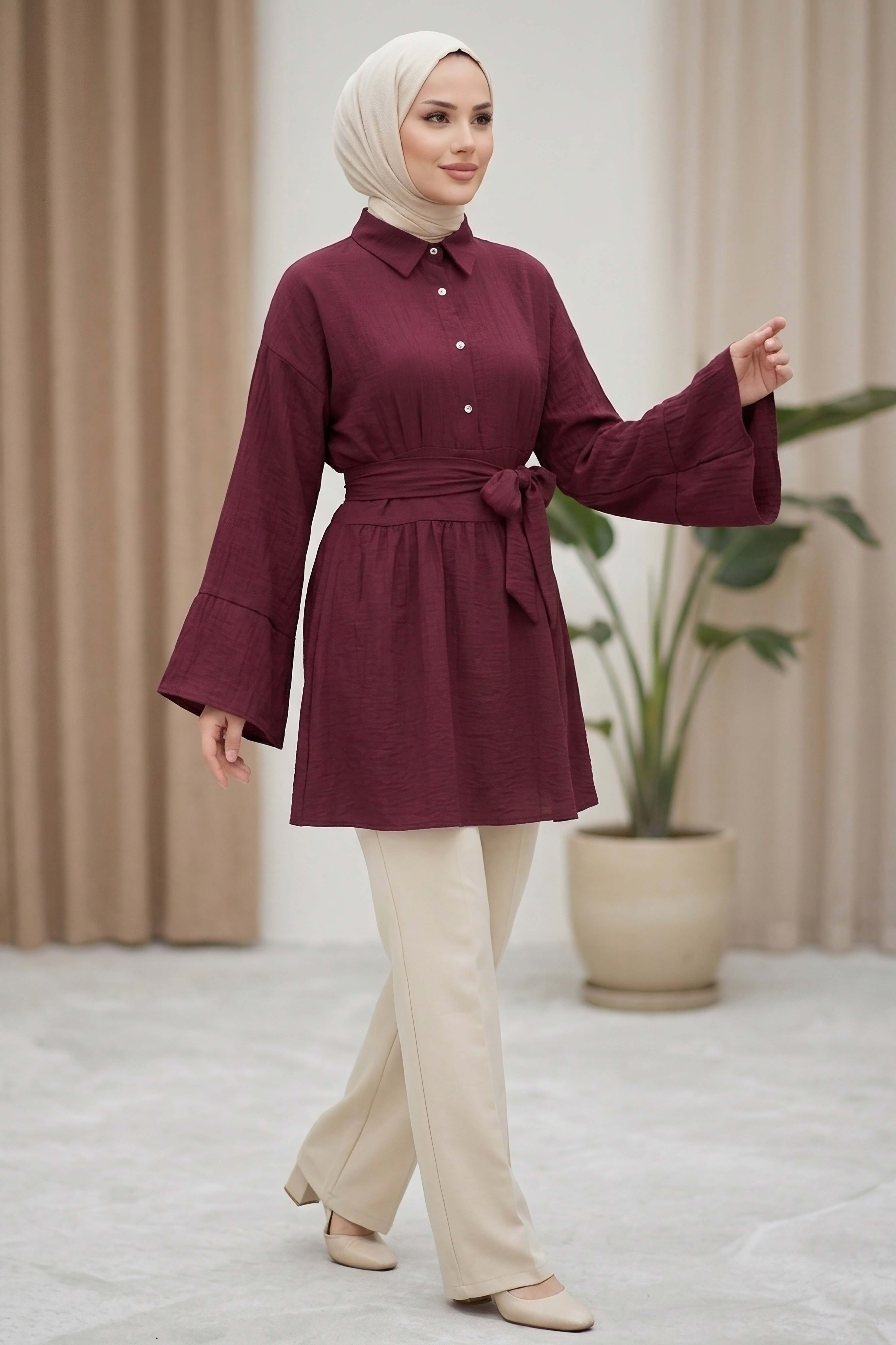 Belden Bağlamalı Tunik - 28385-BORDO - 2