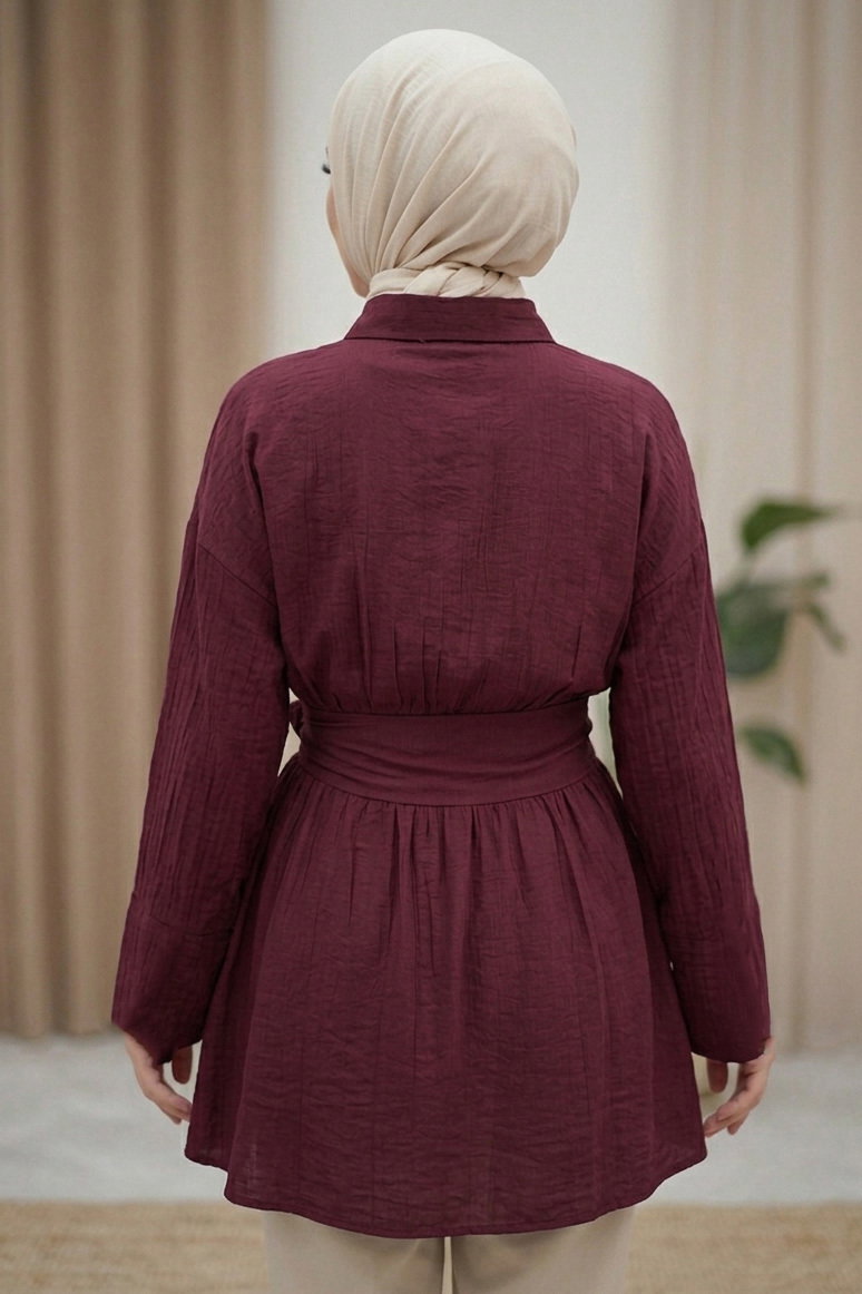 Belden Bağlamalı Tunik - 28385-BORDO - 3