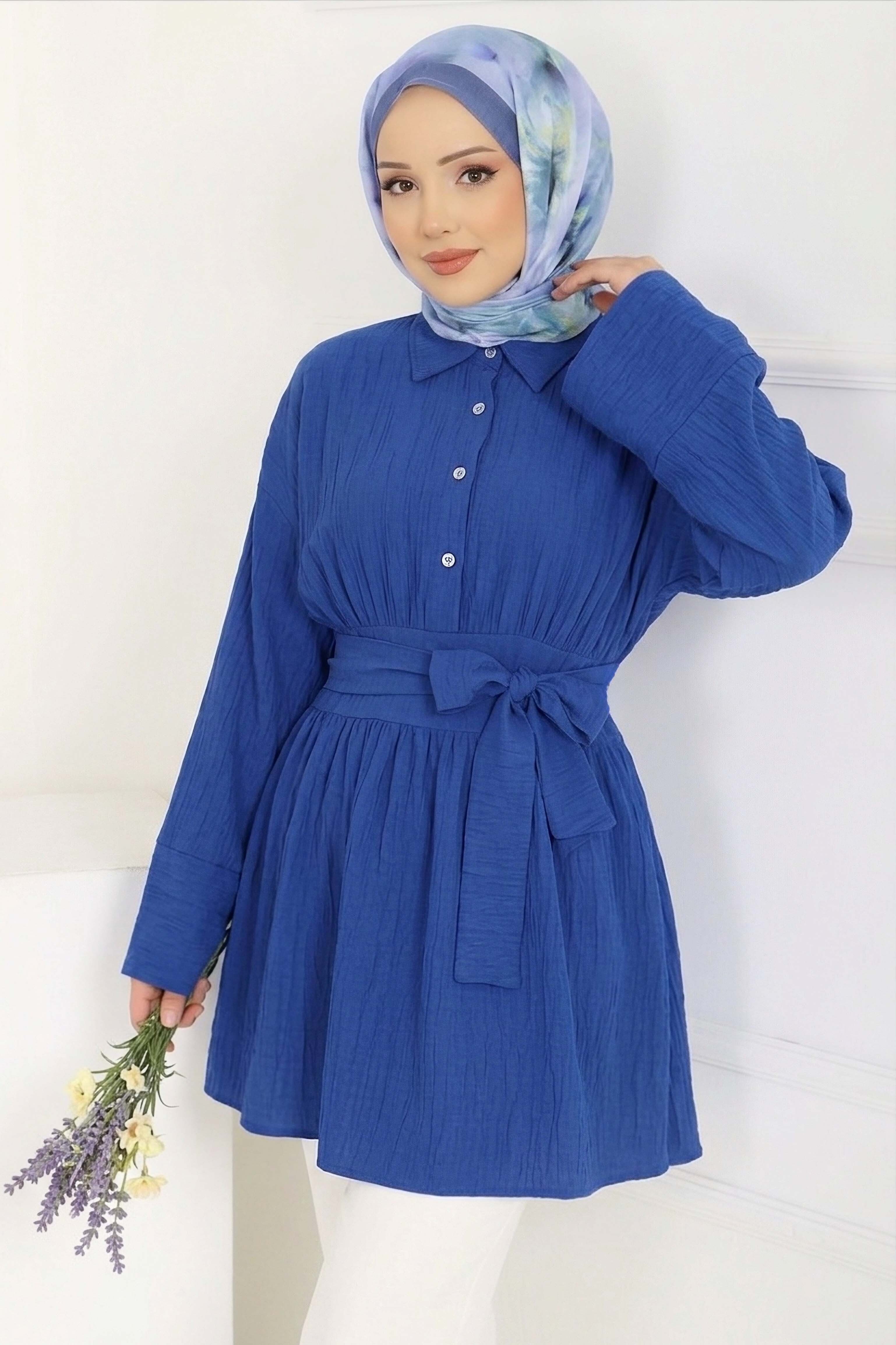 Belden Bağlamalı Tunik - 28385-INDIGO - 1