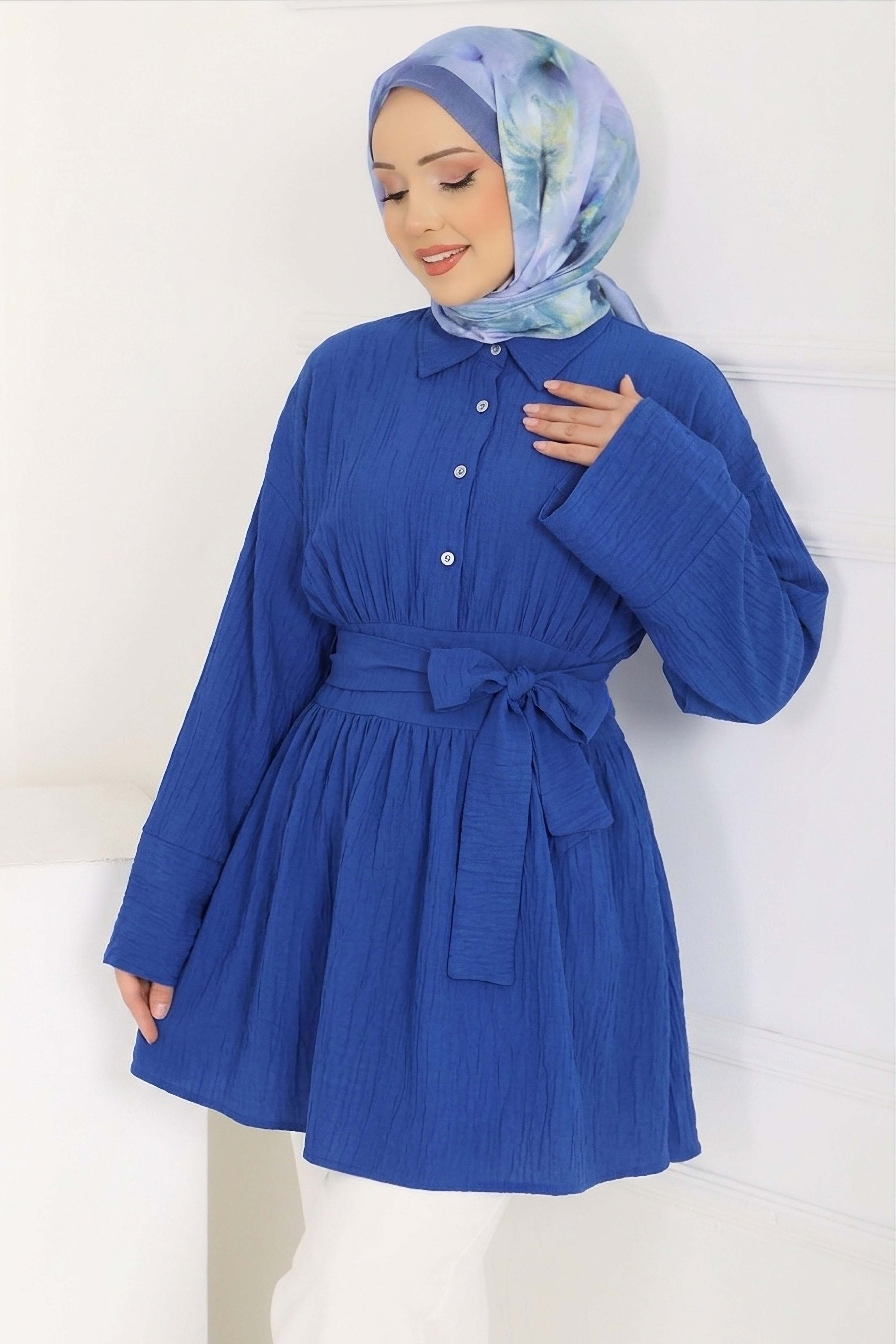 Belden Bağlamalı Tunik - 28385-INDIGO - 2