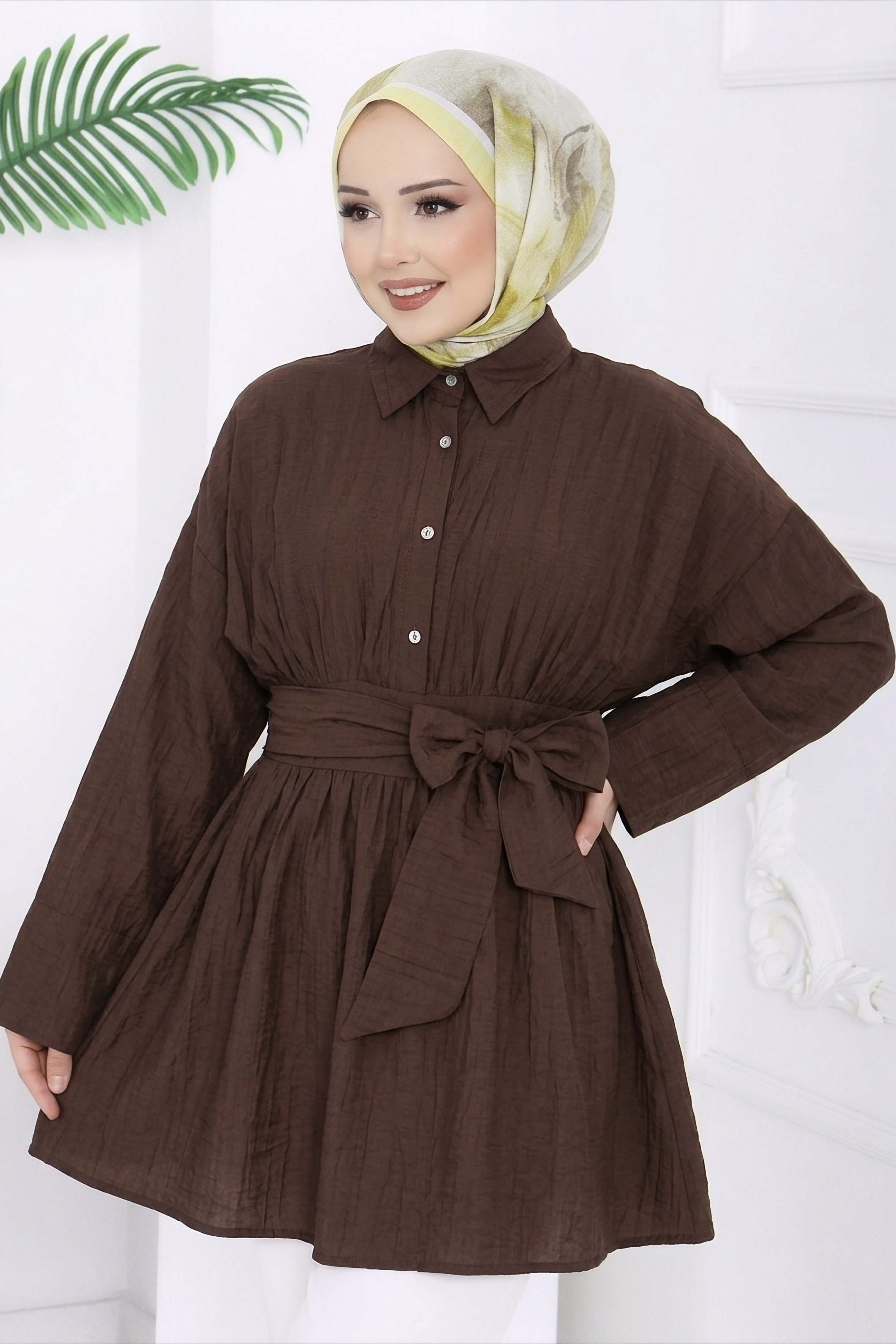 Belden Bağlamalı Tunik - 28385-KAHVE - 1