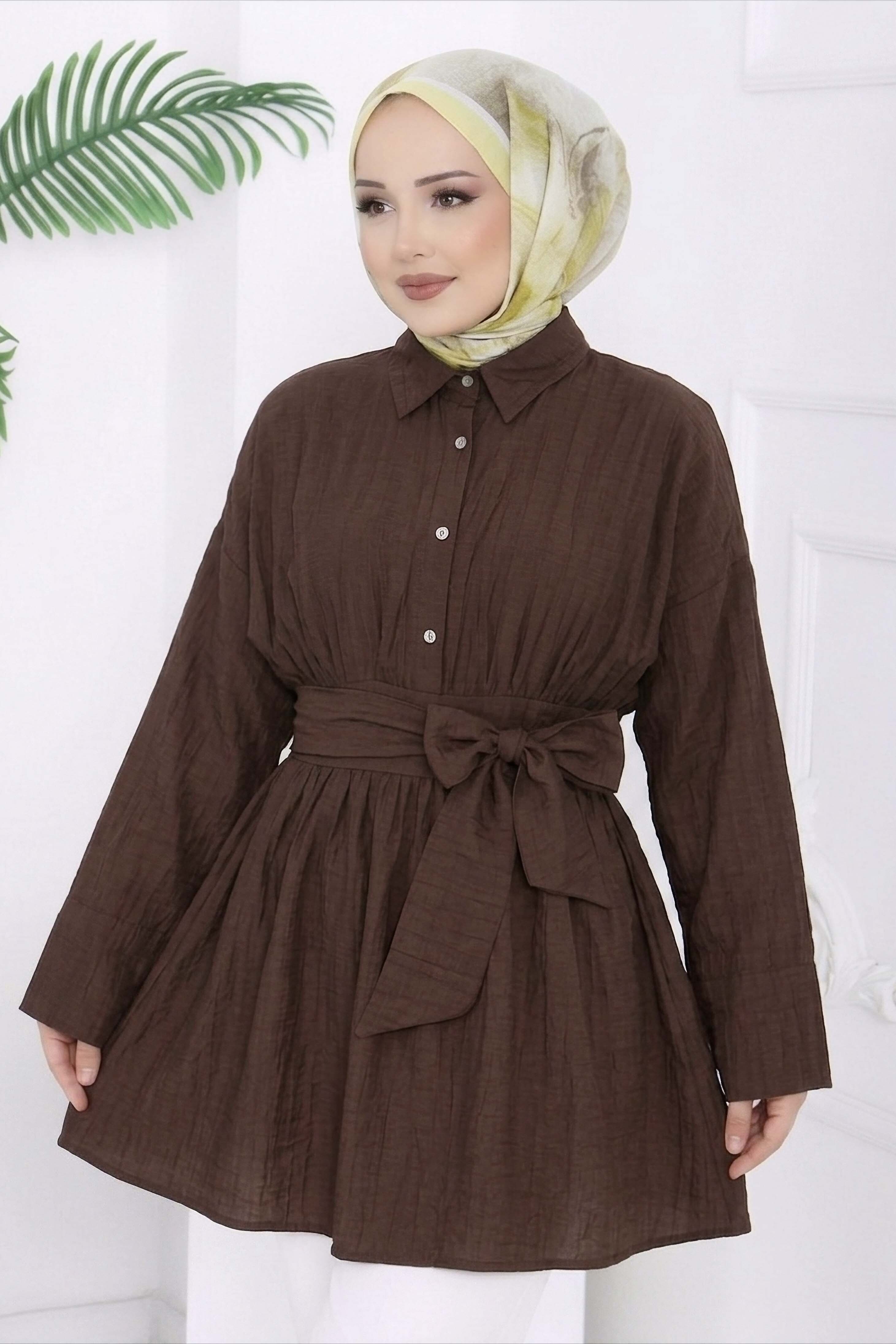 Belden Bağlamalı Tunik - 28385-KAHVE - 2