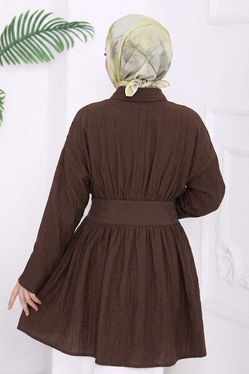 Belden Bağlamalı Tunik - 28385-KAHVE - 3
