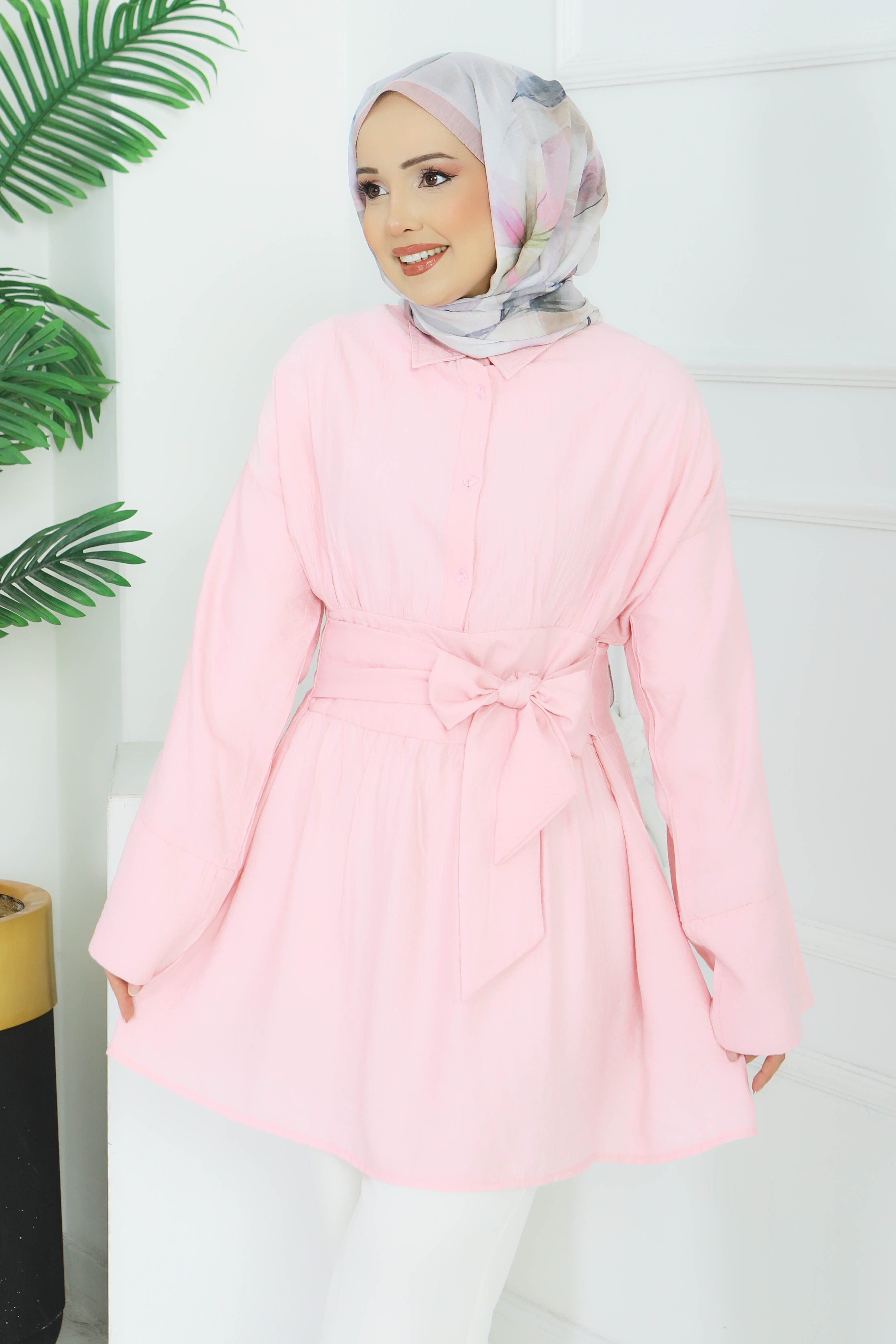 Belden Bağlamalı Tunik - 28385-PEMBE - 1