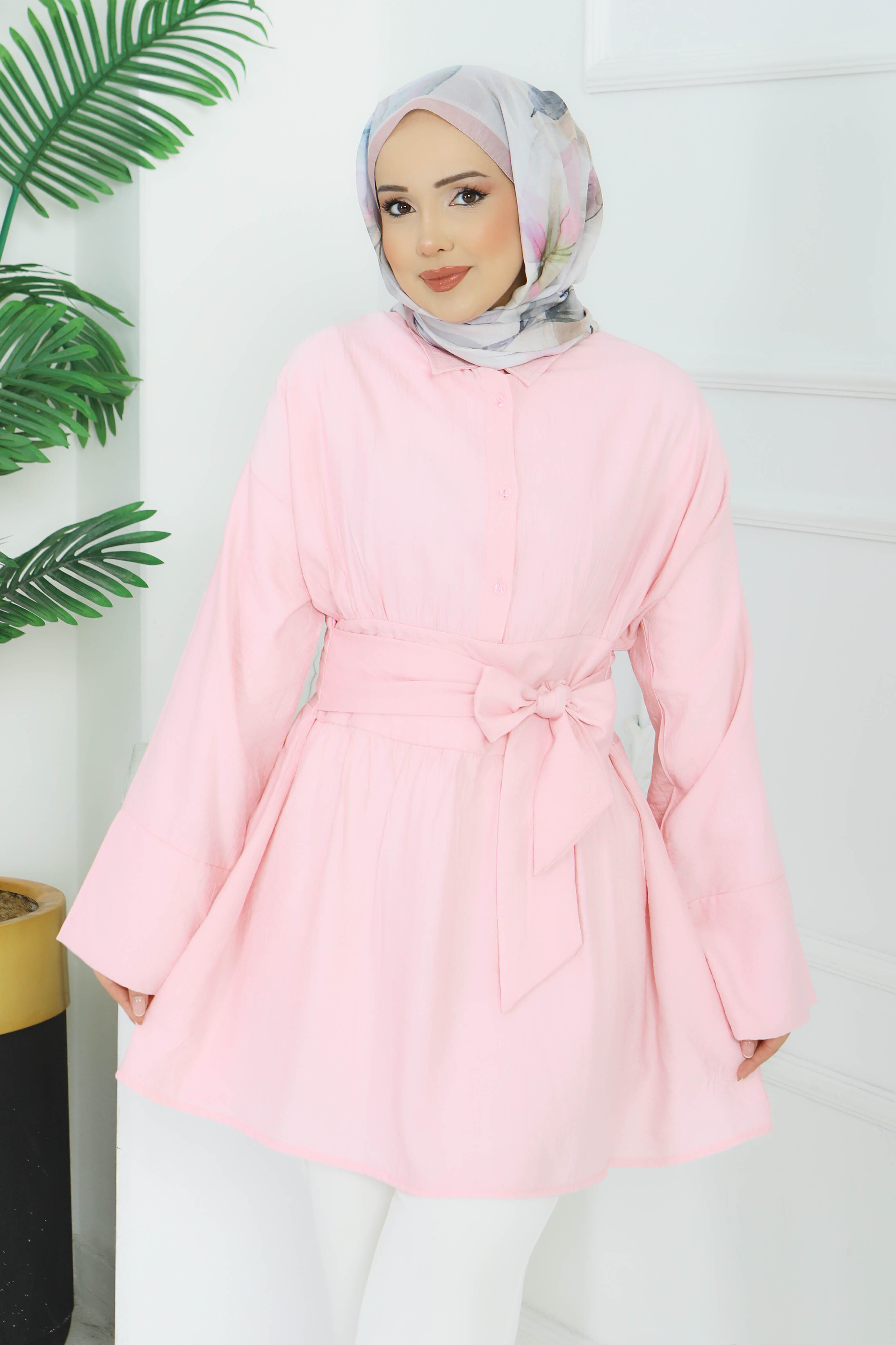 Belden Bağlamalı Tunik - 28385-PEMBE - 2