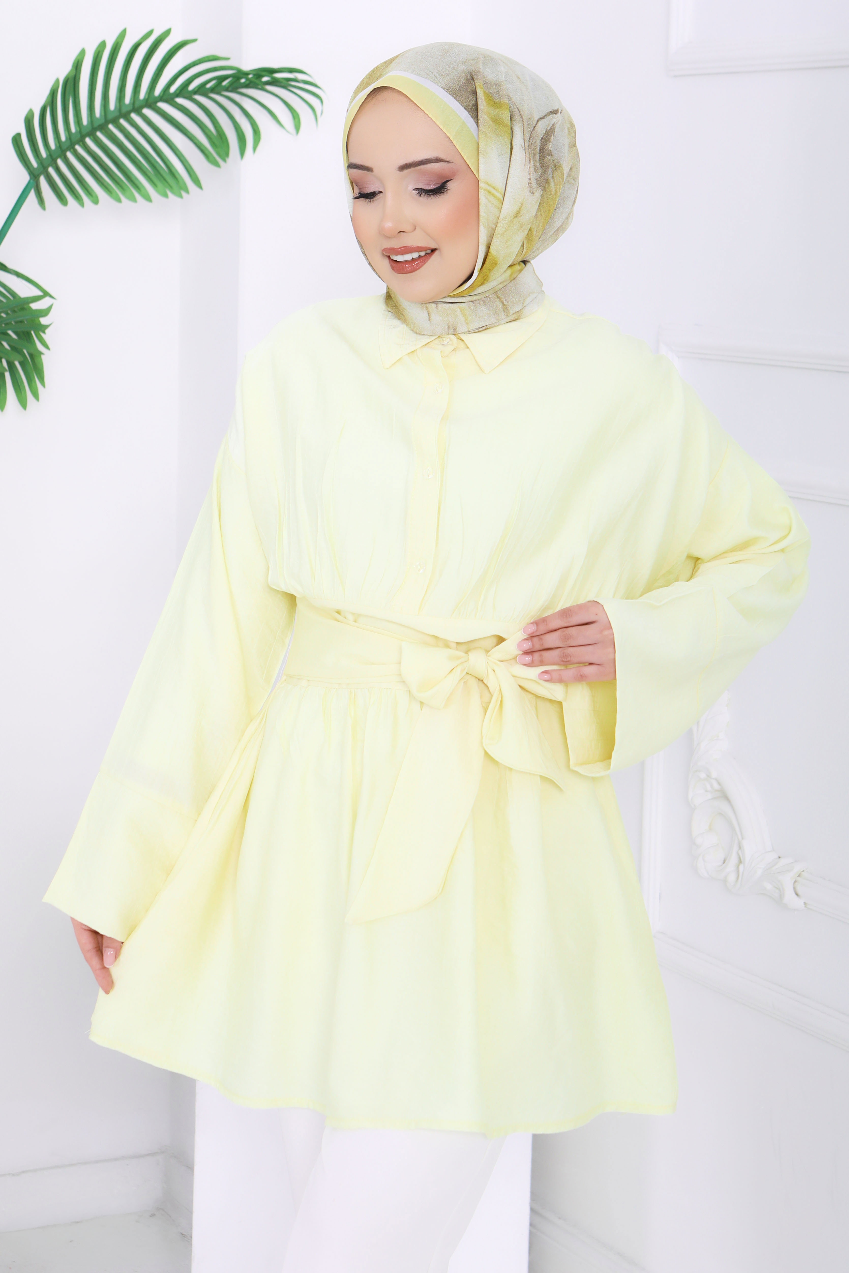 Belden Bağlamalı Tunik - 28385-SARI - 1