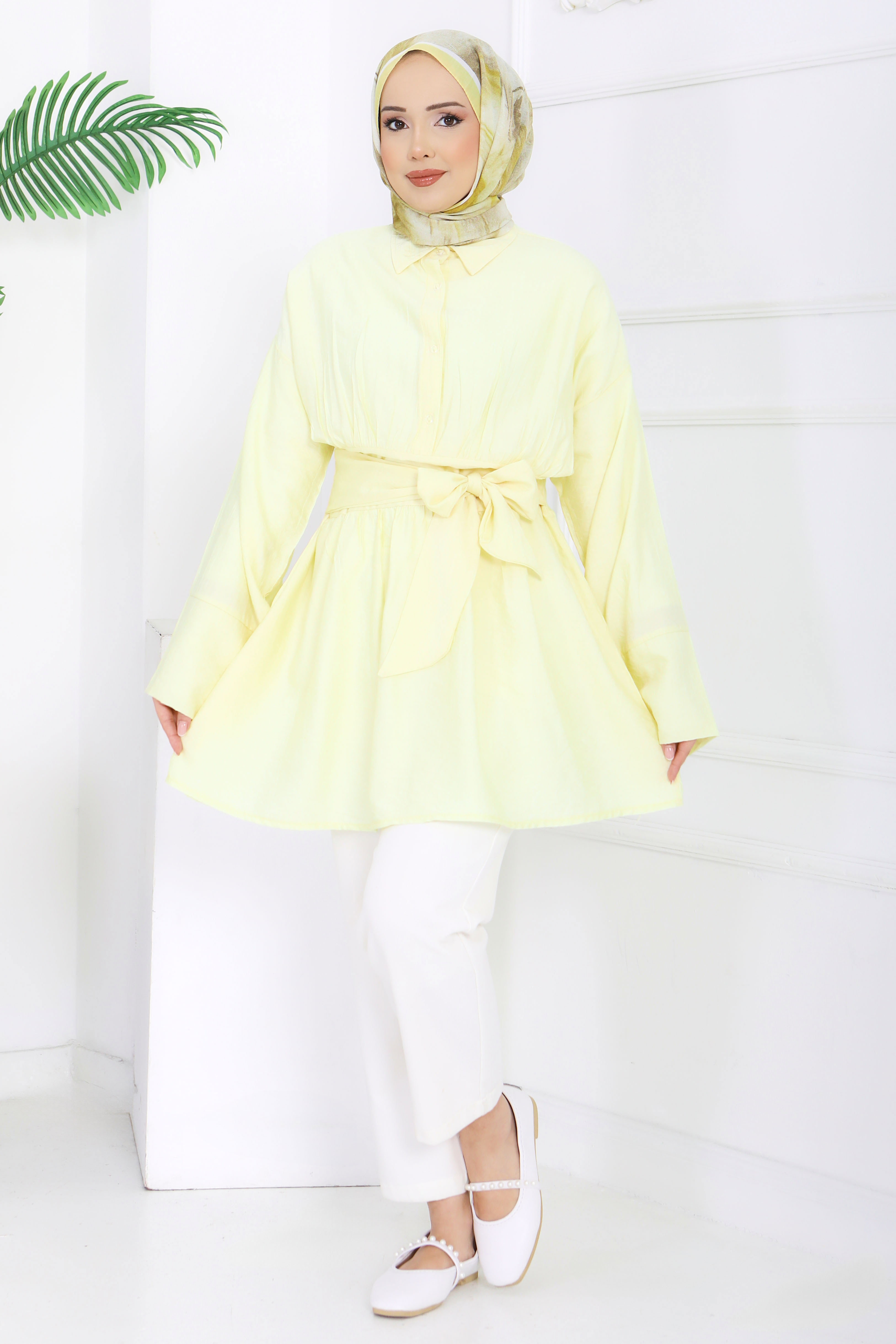 Belden Bağlamalı Tunik - 28385-SARI - 2