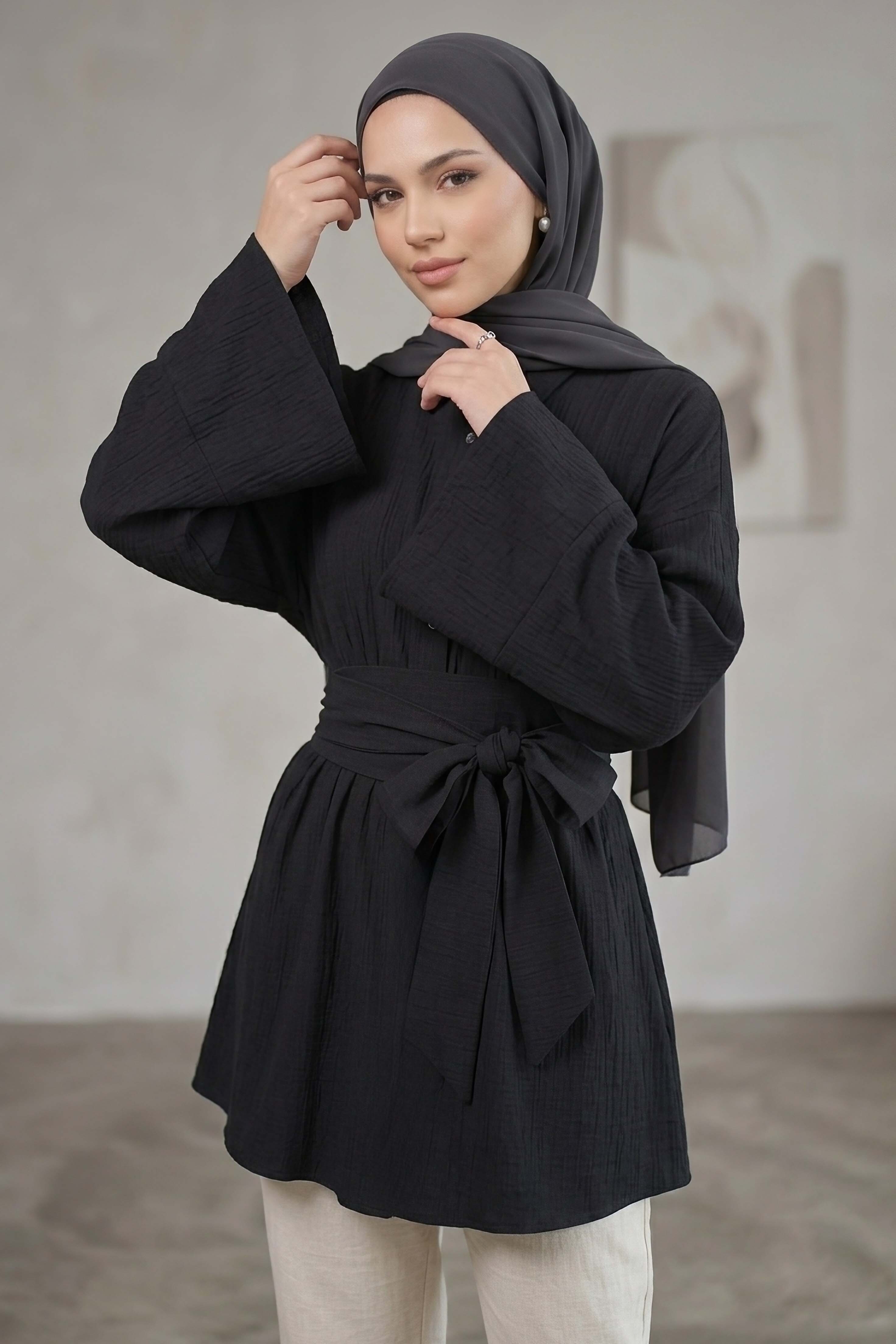 Belden Bağlamalı Tunik - 28385-SIYAH - 1