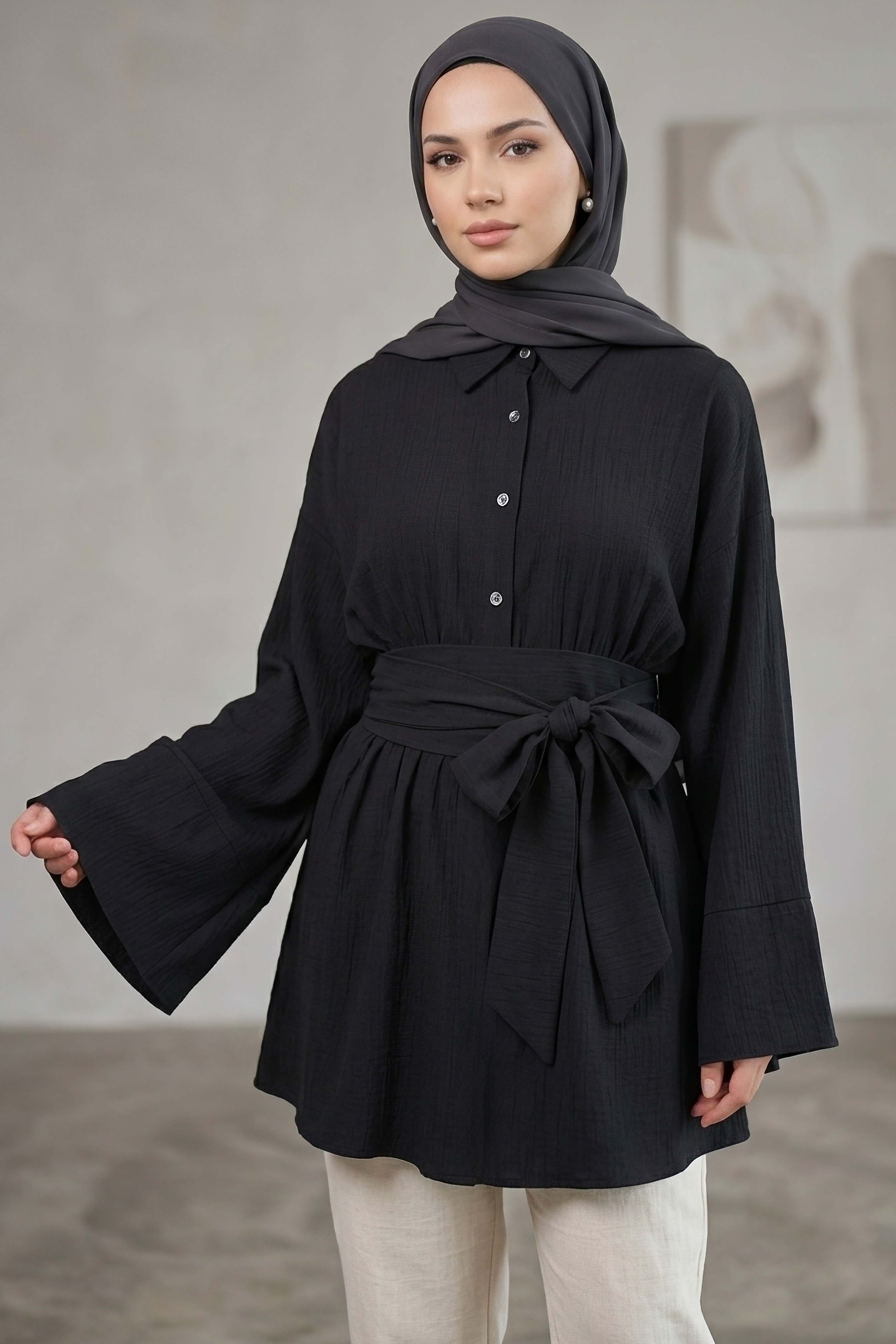 Belden Bağlamalı Tunik - 28385-SIYAH - 2